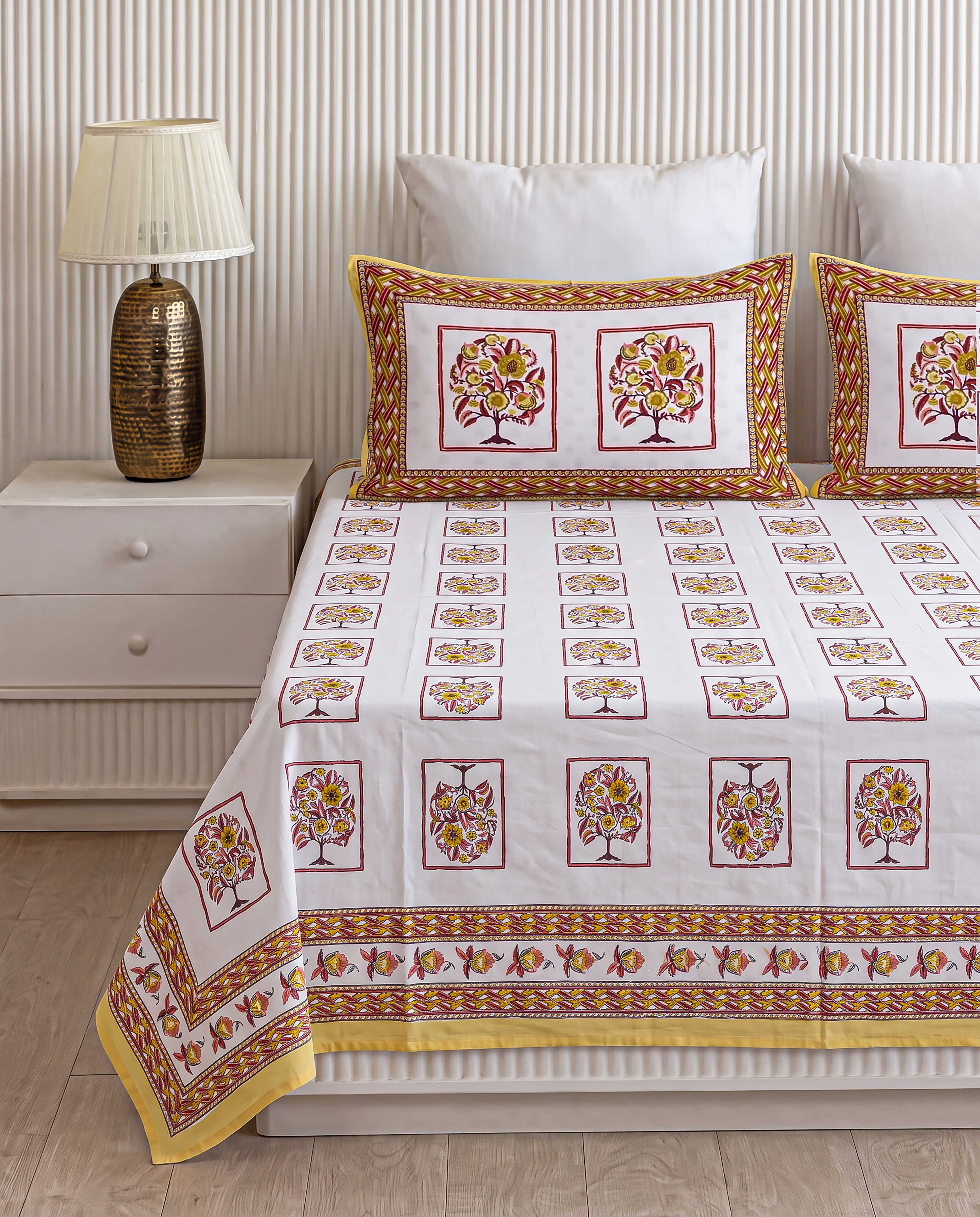 Golden Tree of Life Box Frame Hand-Block Printed Double Bedsheet