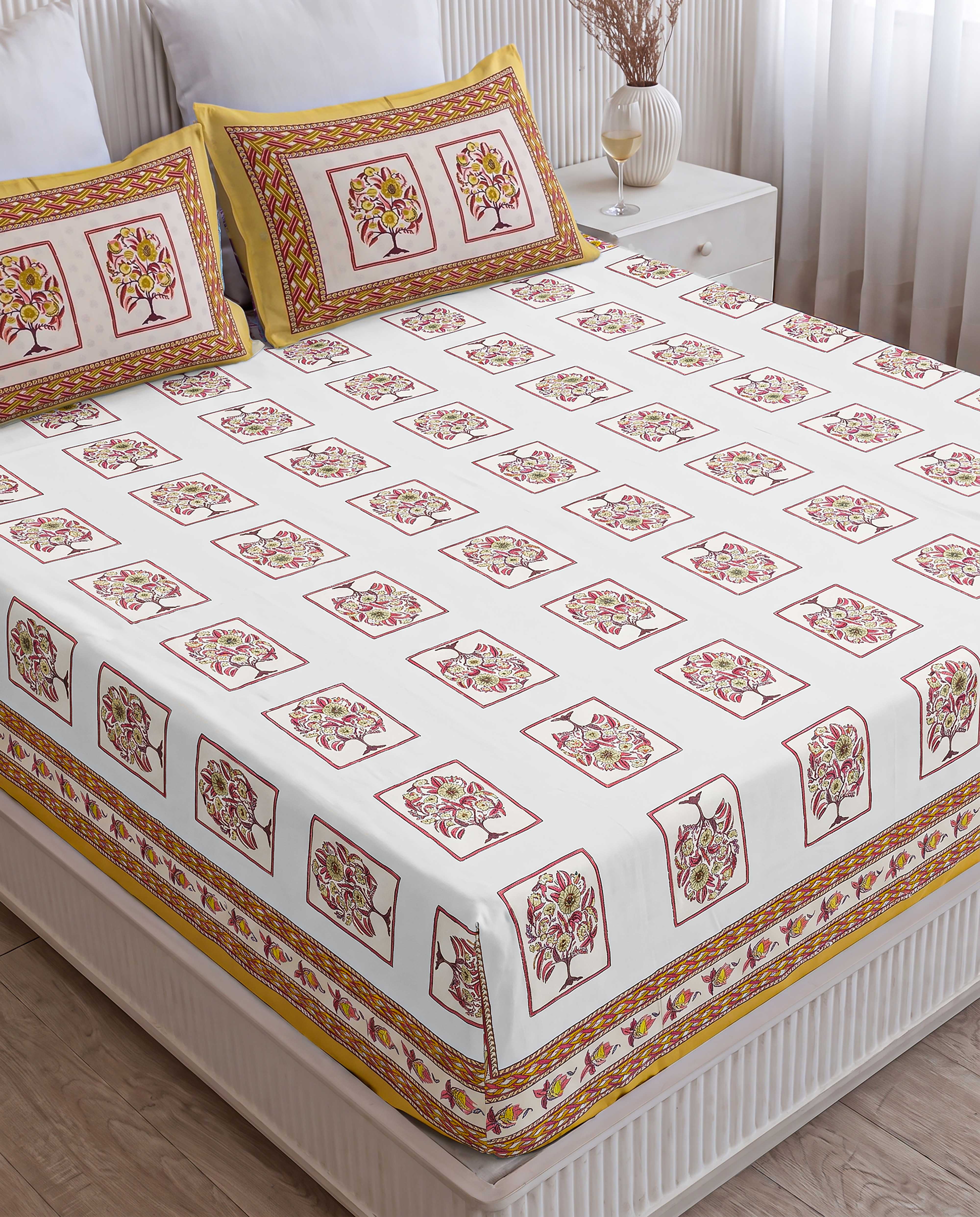 Golden Tree of Life Box Frame Hand-Block Printed Double Bedsheet