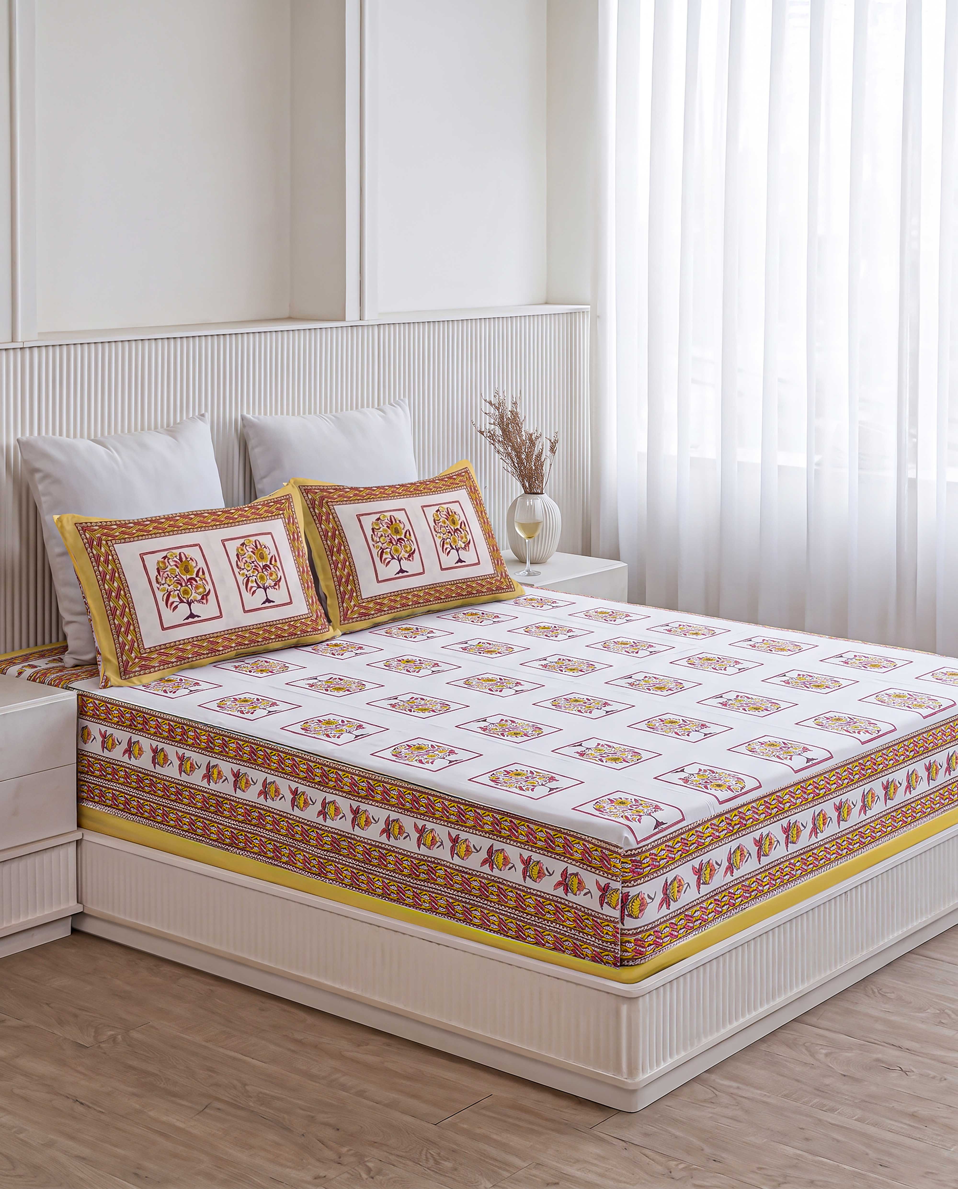 Golden Tree of Life Box Frame Hand-Block Printed Double Bedsheet