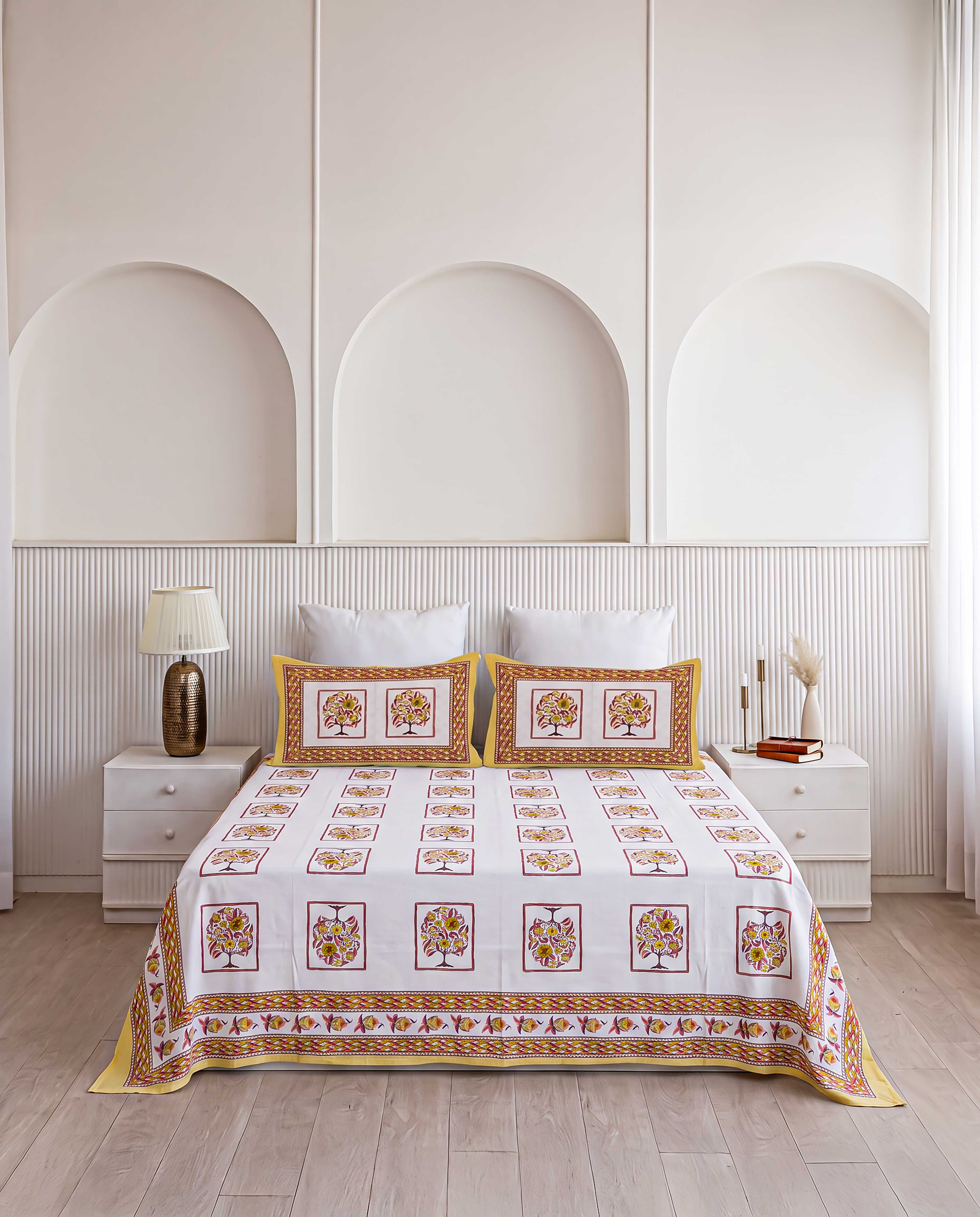 Golden Tree of Life Box Frame Hand-Block Printed Double Bedsheet