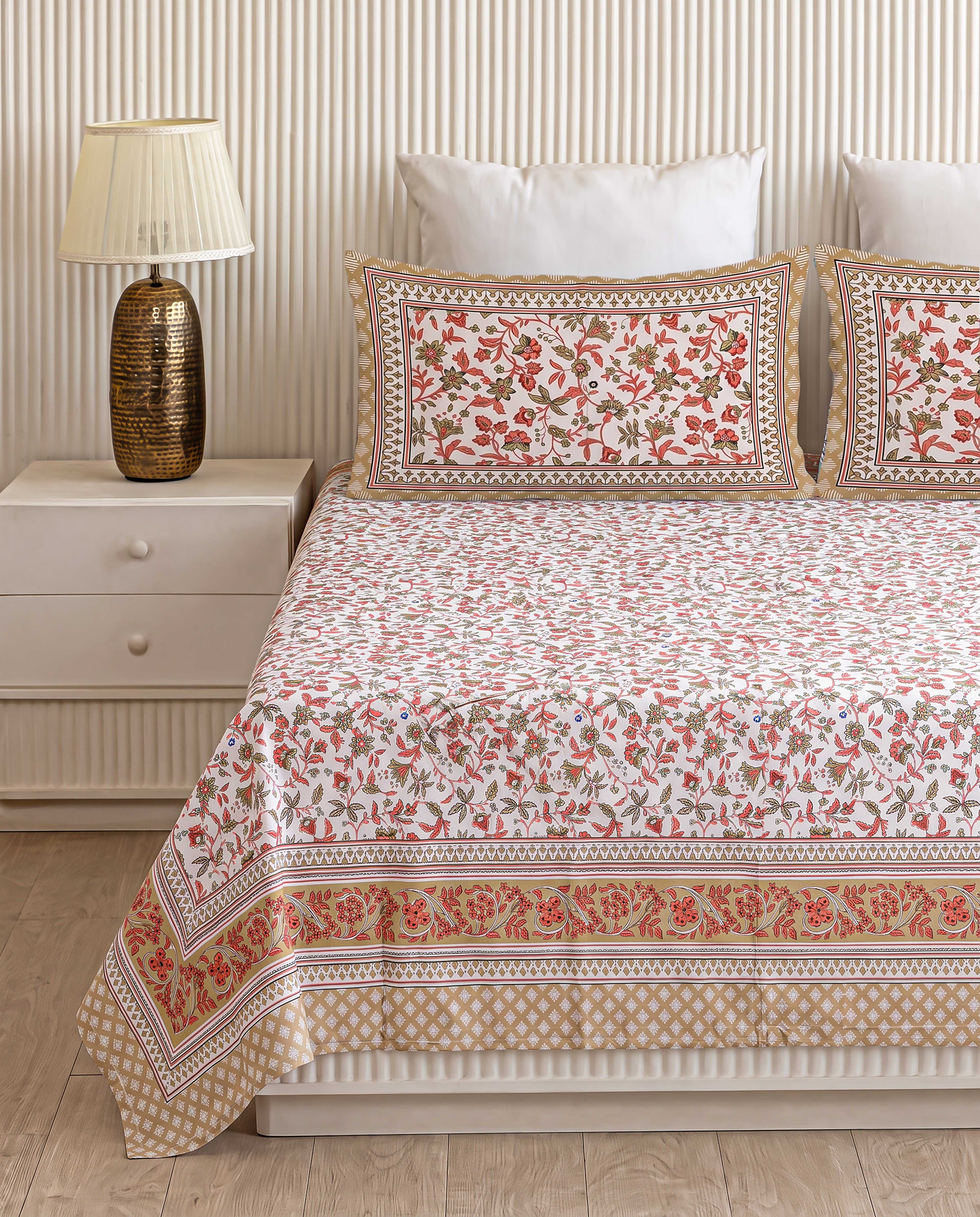 Coral Vine Floral Trail Hand-Block Printed Double Bedsheet