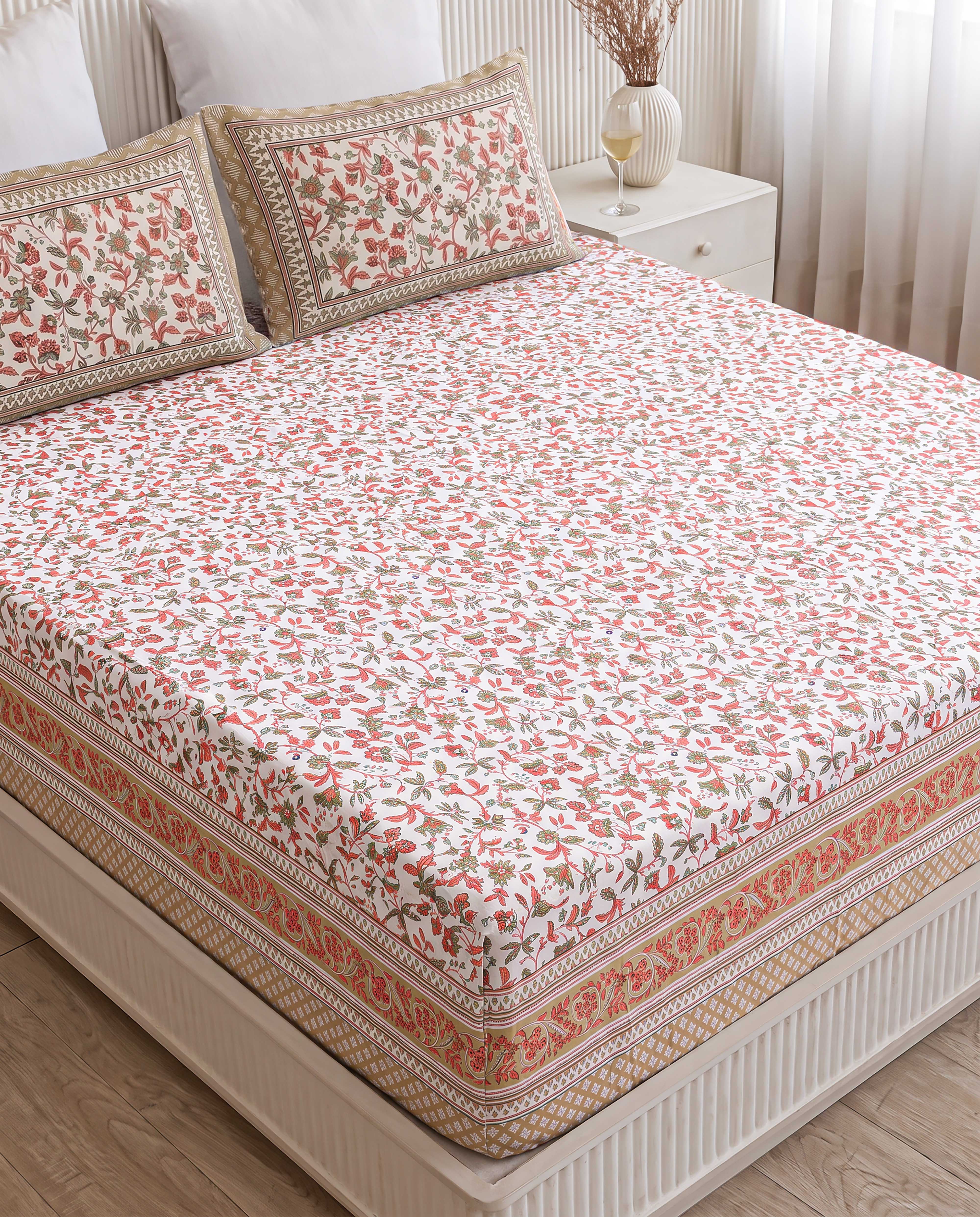 Coral Vine Floral Trail Hand-Block Printed Double Bedsheet