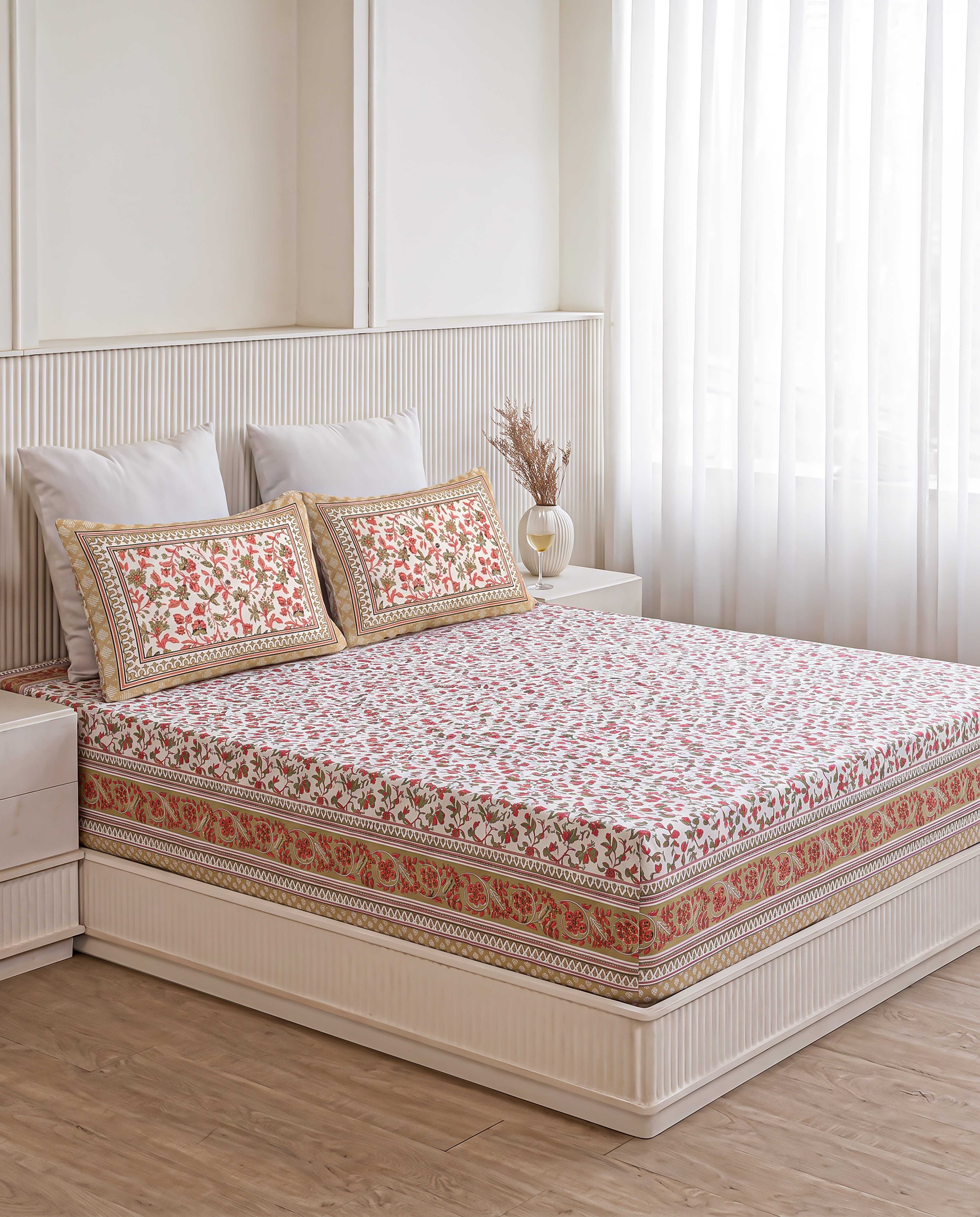 Coral Vine Floral Trail Hand-Block Printed Double Bedsheet
