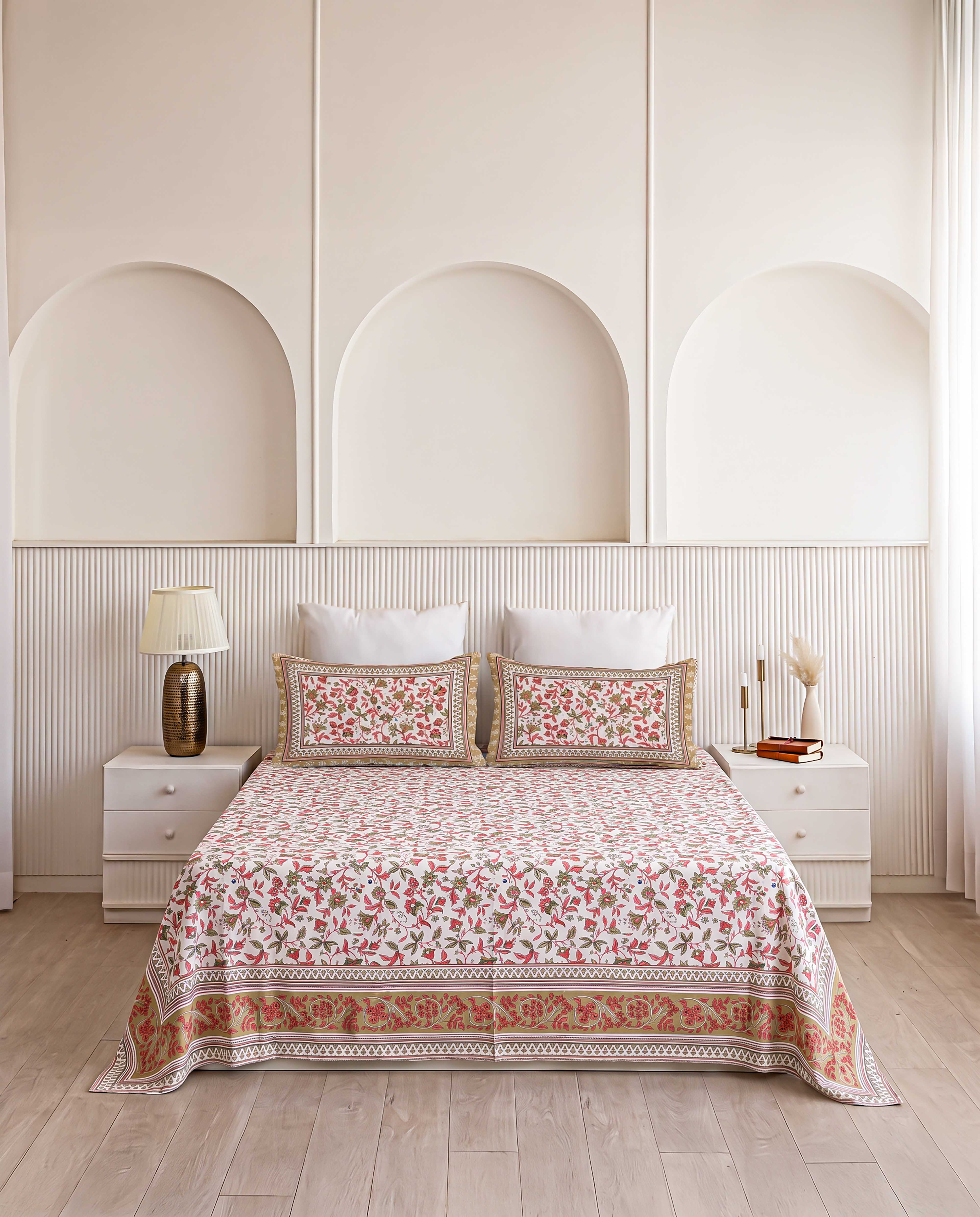 Coral Vine Floral Trail Hand-Block Printed Double Bedsheet