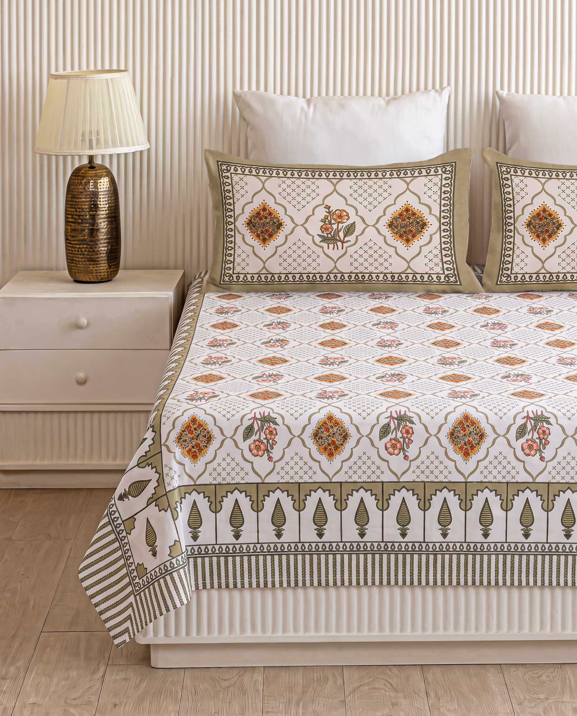 Sacred Cypress Lattice & Arch Hand-Block Printed Double Bedsheet