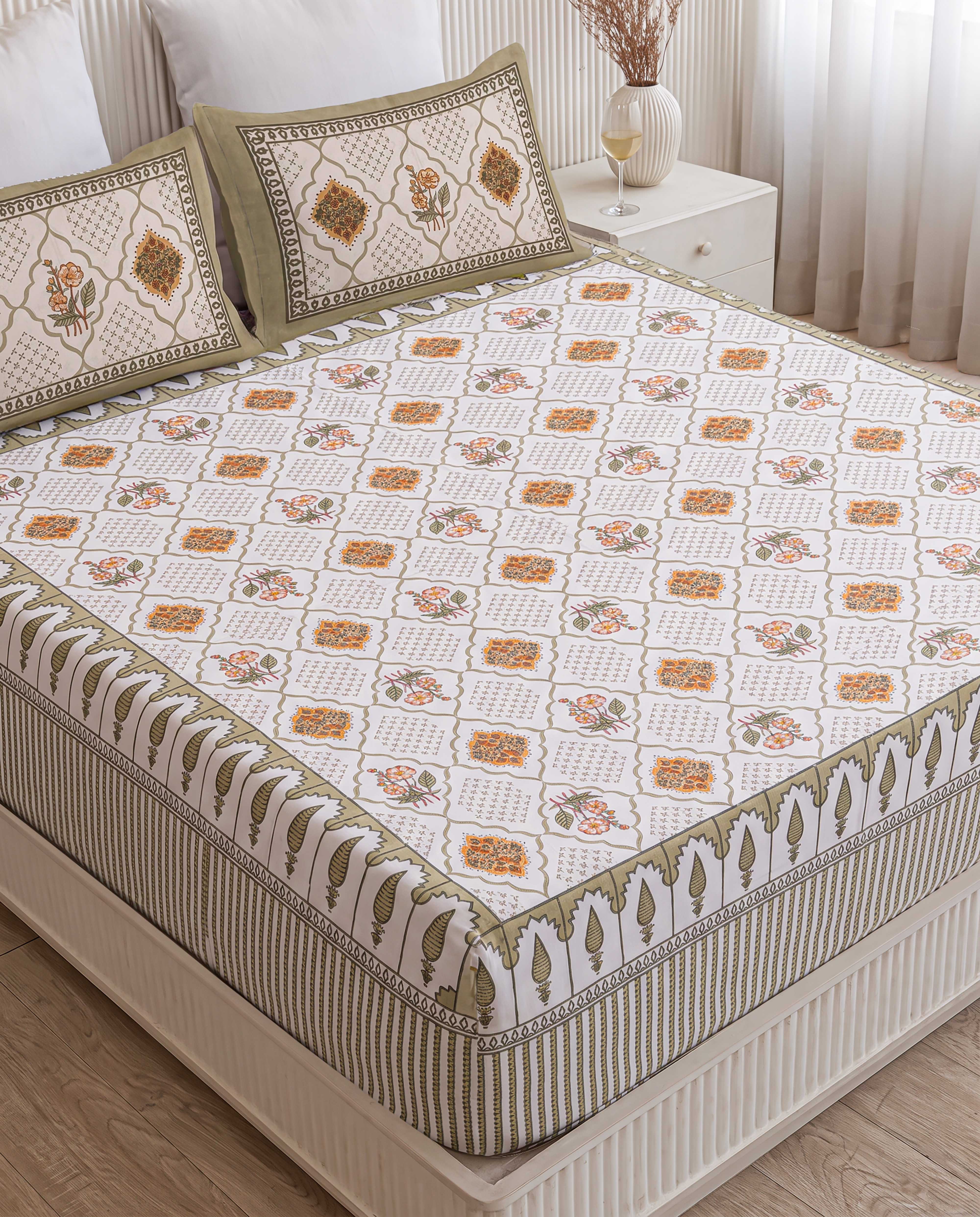 Sacred Cypress Lattice & Arch Hand-Block Printed Double Bedsheet