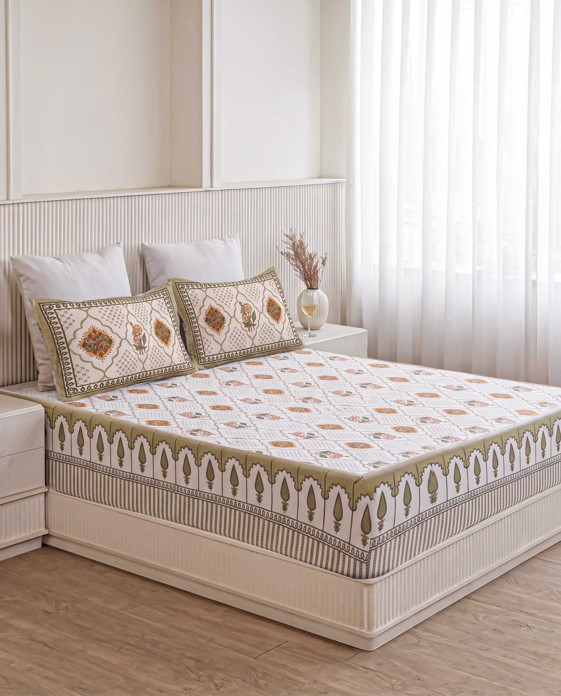 Sacred Cypress Lattice & Arch Hand-Block Printed Double Bedsheet
