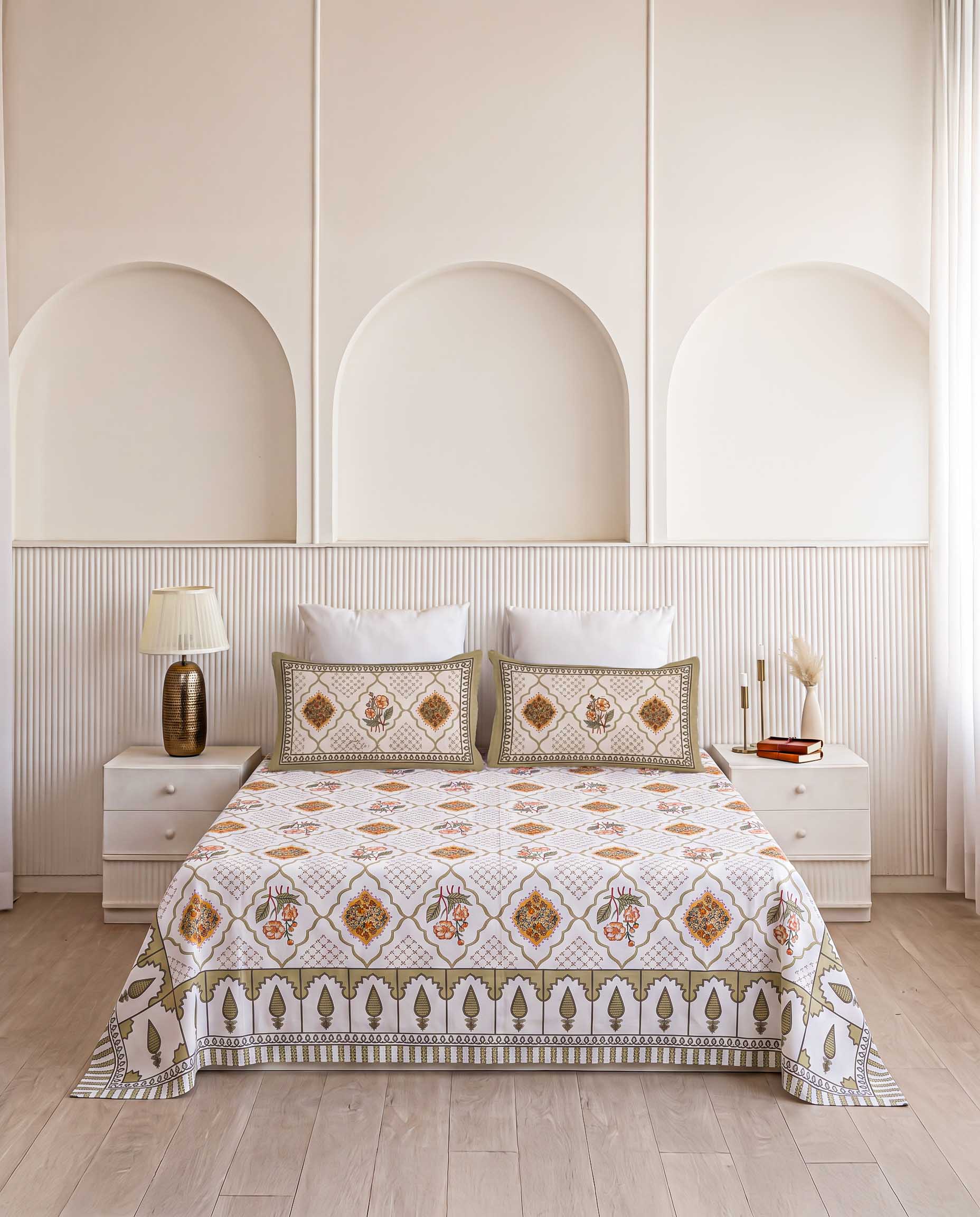Sacred Cypress Lattice & Arch Hand-Block Printed Double Bedsheet