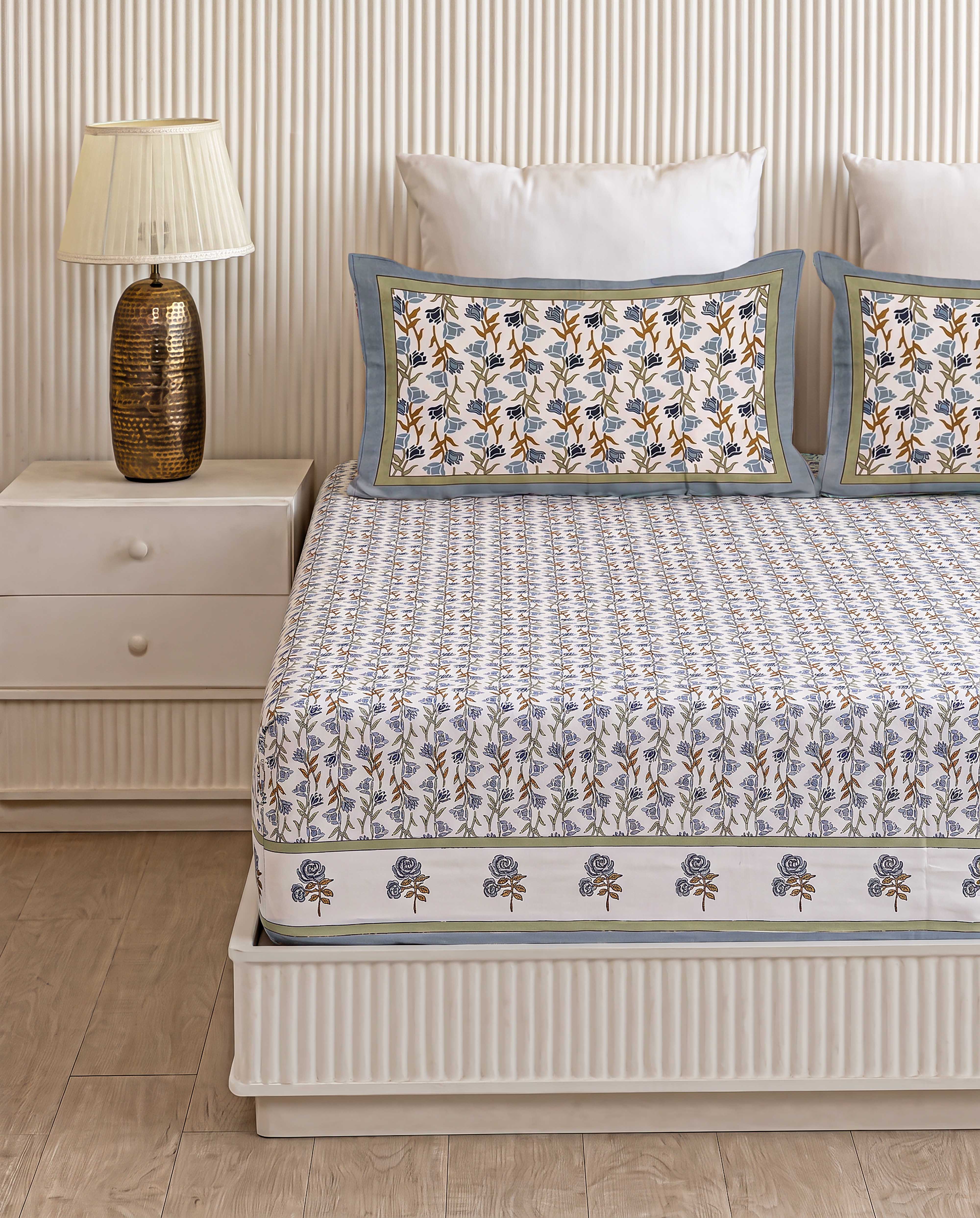 Soft Meadow Bud Stem Hand-Block Printed Double Bedsheet