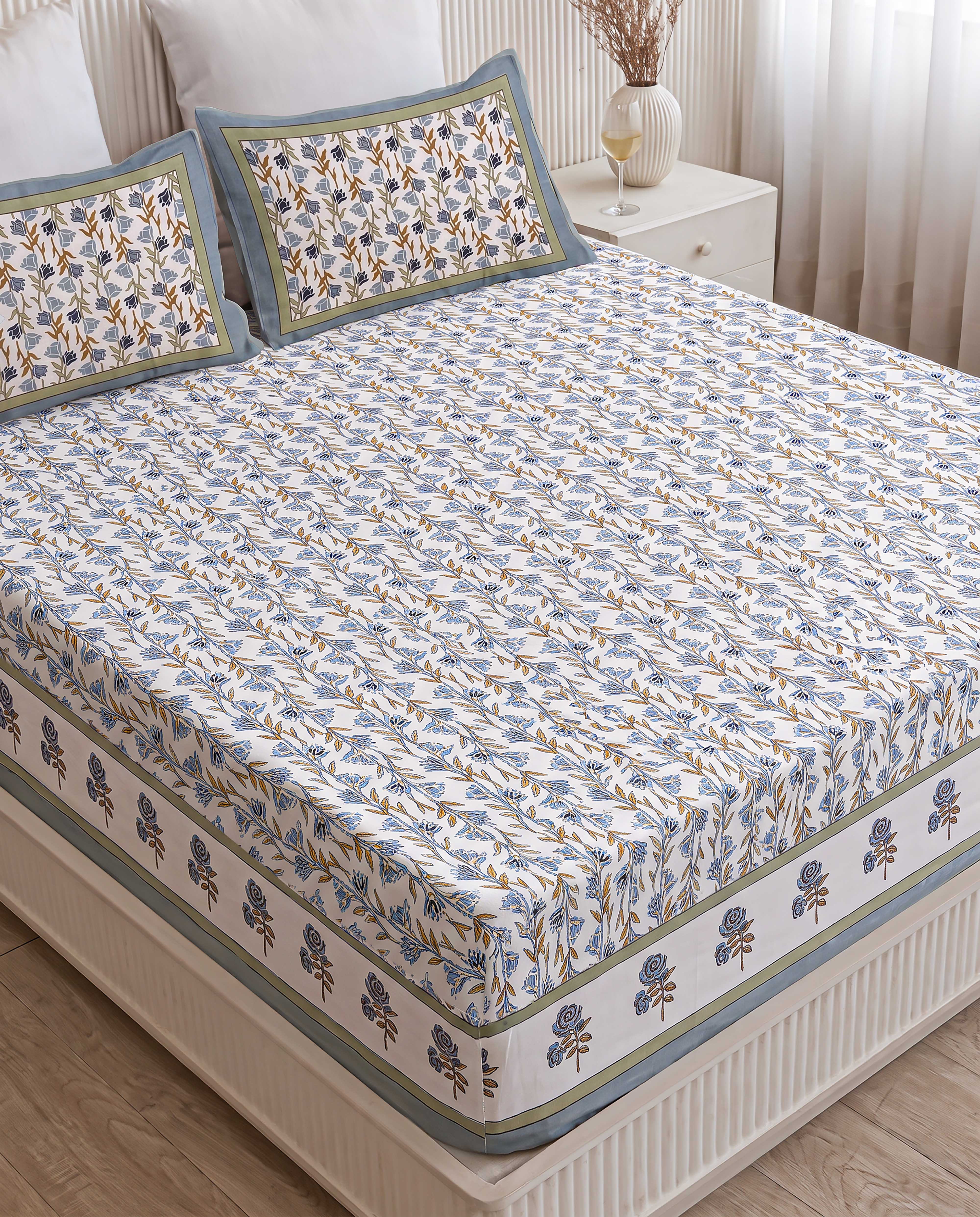 Soft Meadow Bud Stem Hand-Block Printed Double Bedsheet