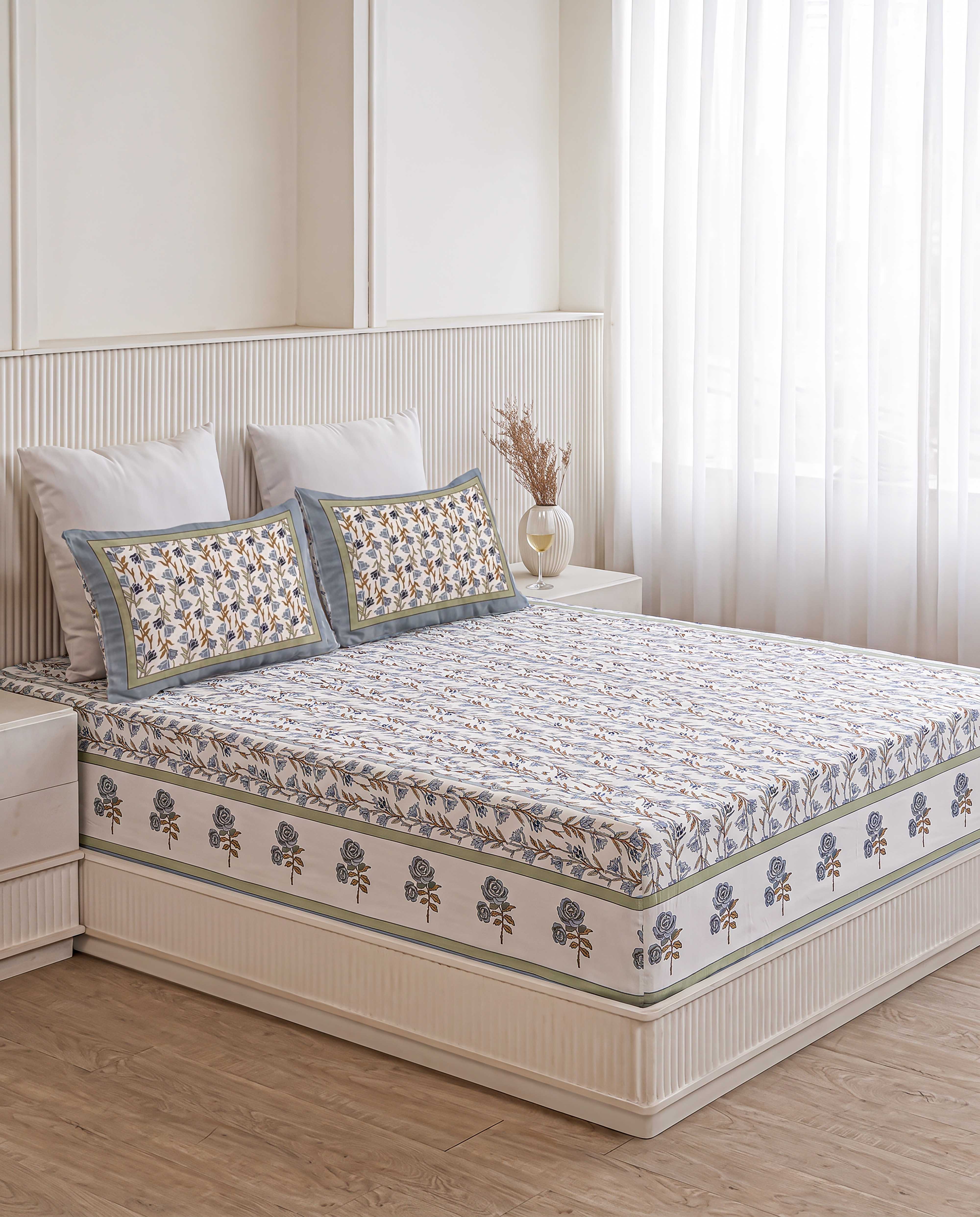 Soft Meadow Bud Stem Hand-Block Printed Double Bedsheet