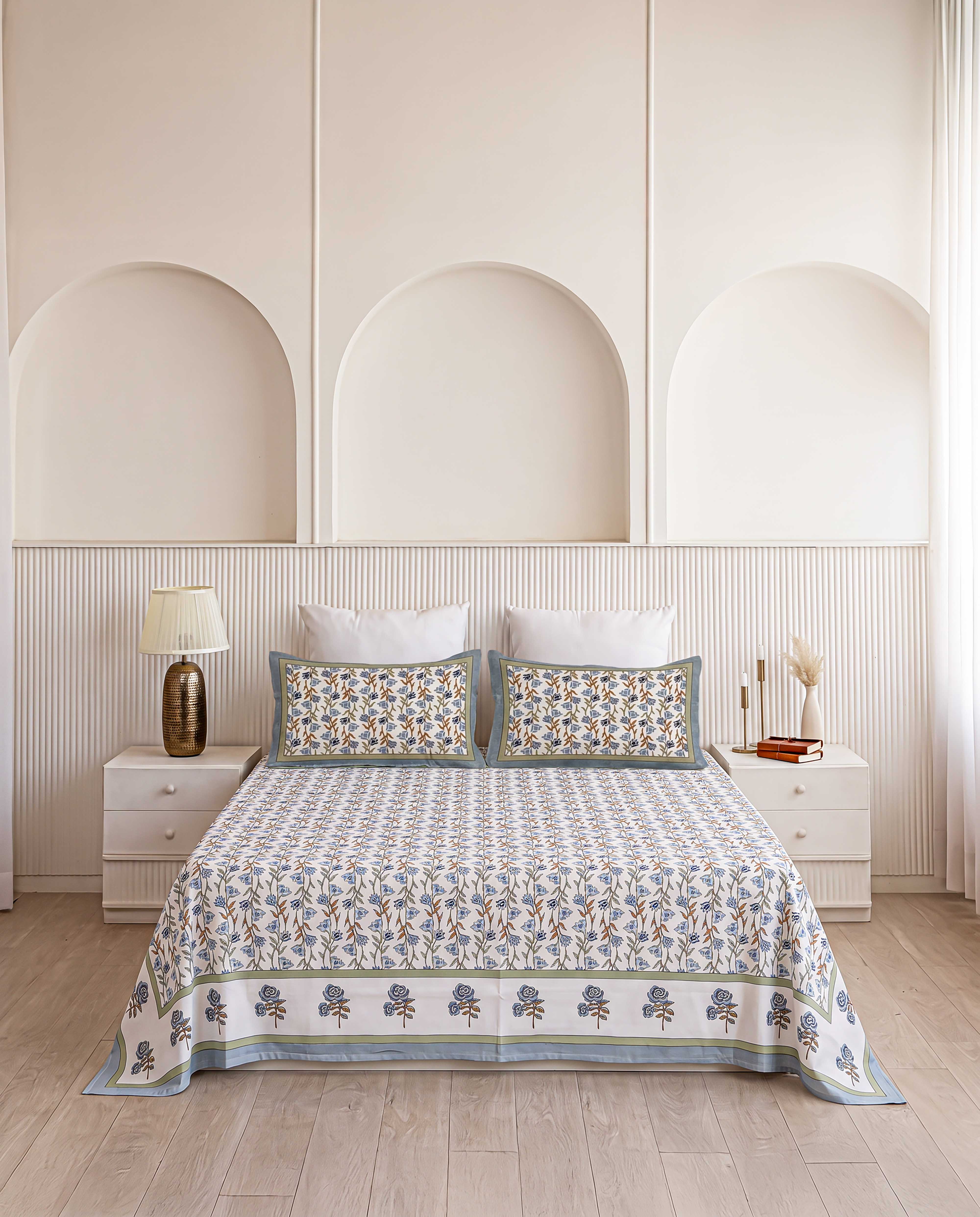 Soft Meadow Bud Stem Hand-Block Printed Double Bedsheet