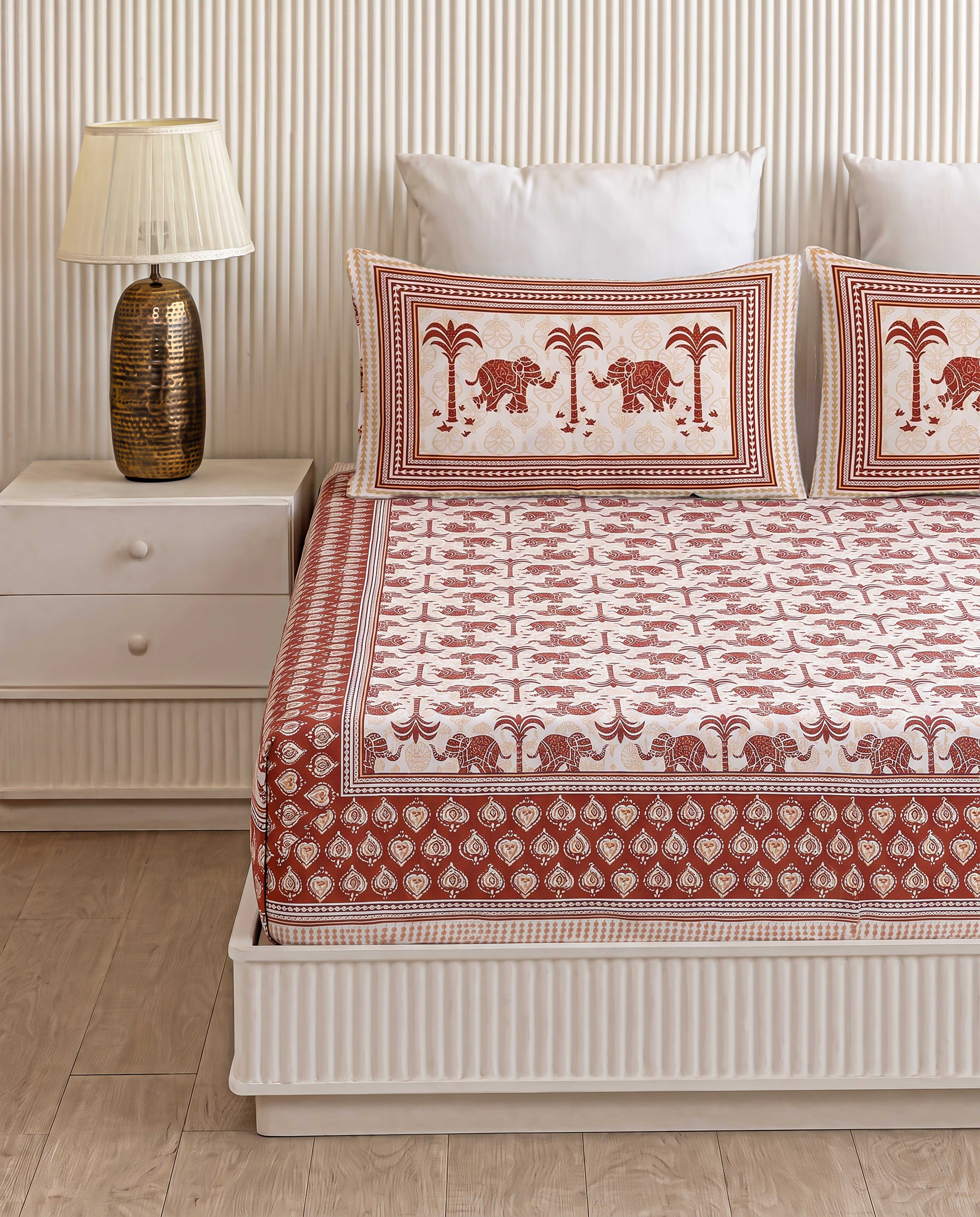 Royal Elephant Safari & Palm Hand-Block Printed Double Bedsheet
