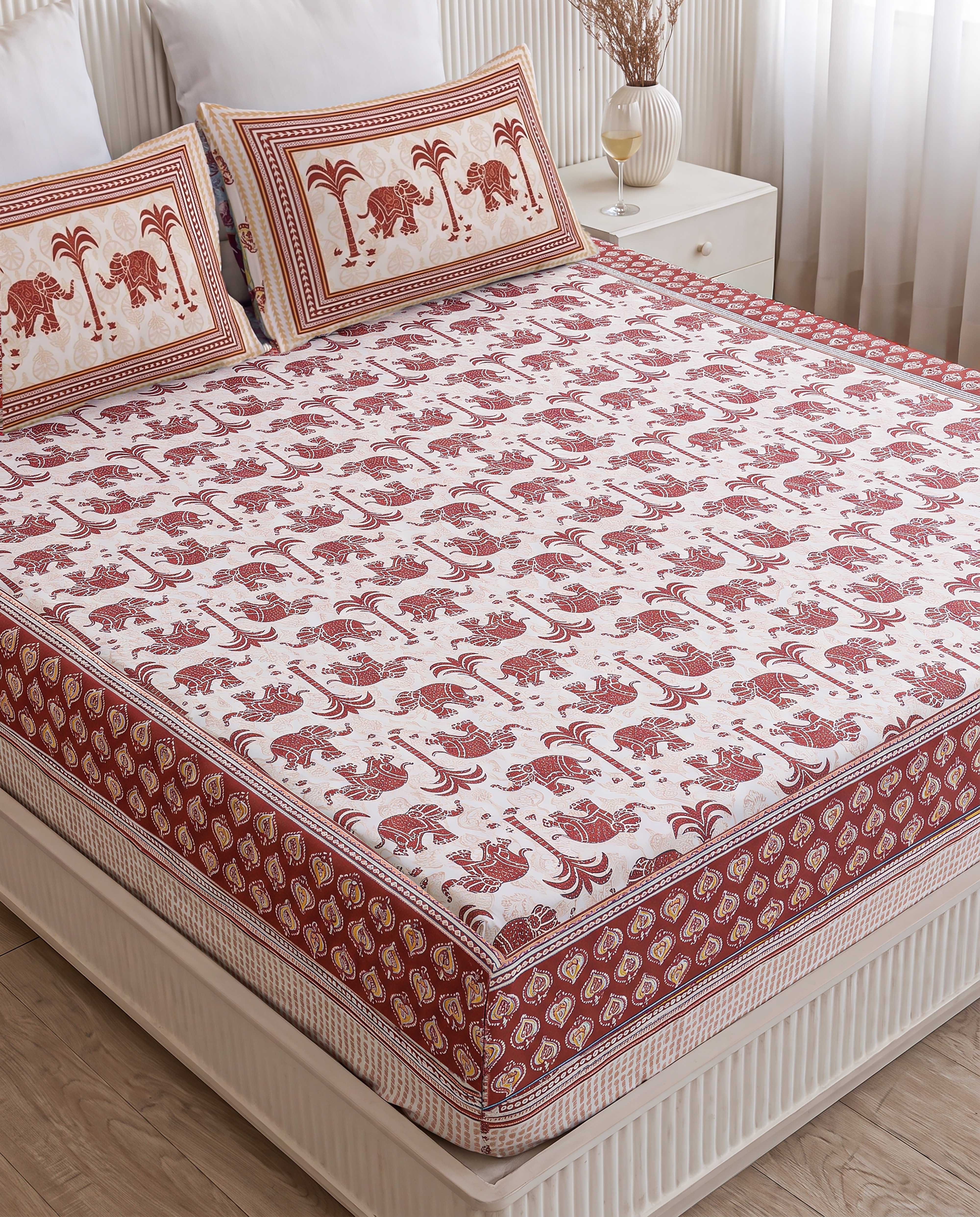 Royal Elephant Safari & Palm Hand-Block Printed Double Bedsheet