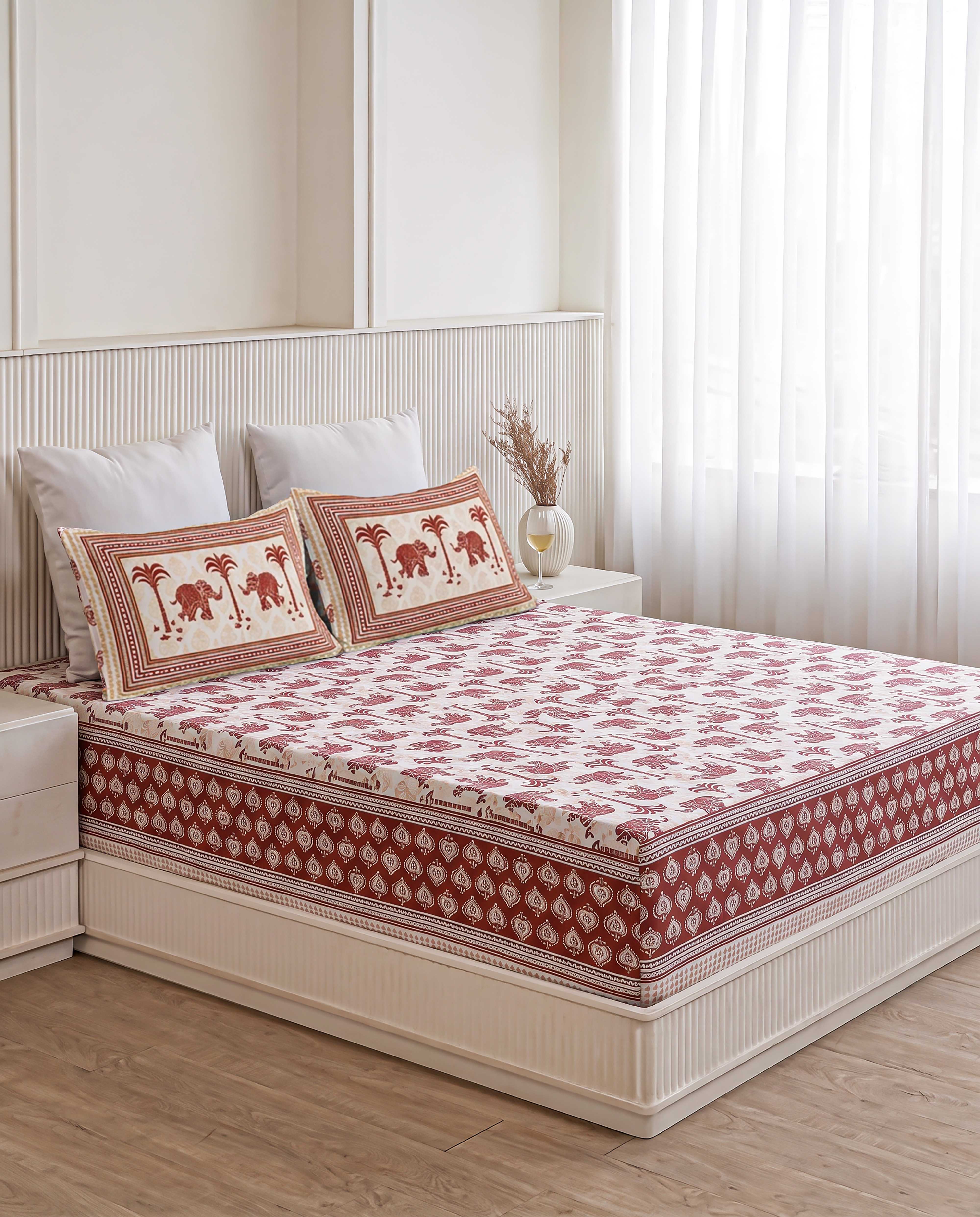 Royal Elephant Safari & Palm Hand-Block Printed Double Bedsheet