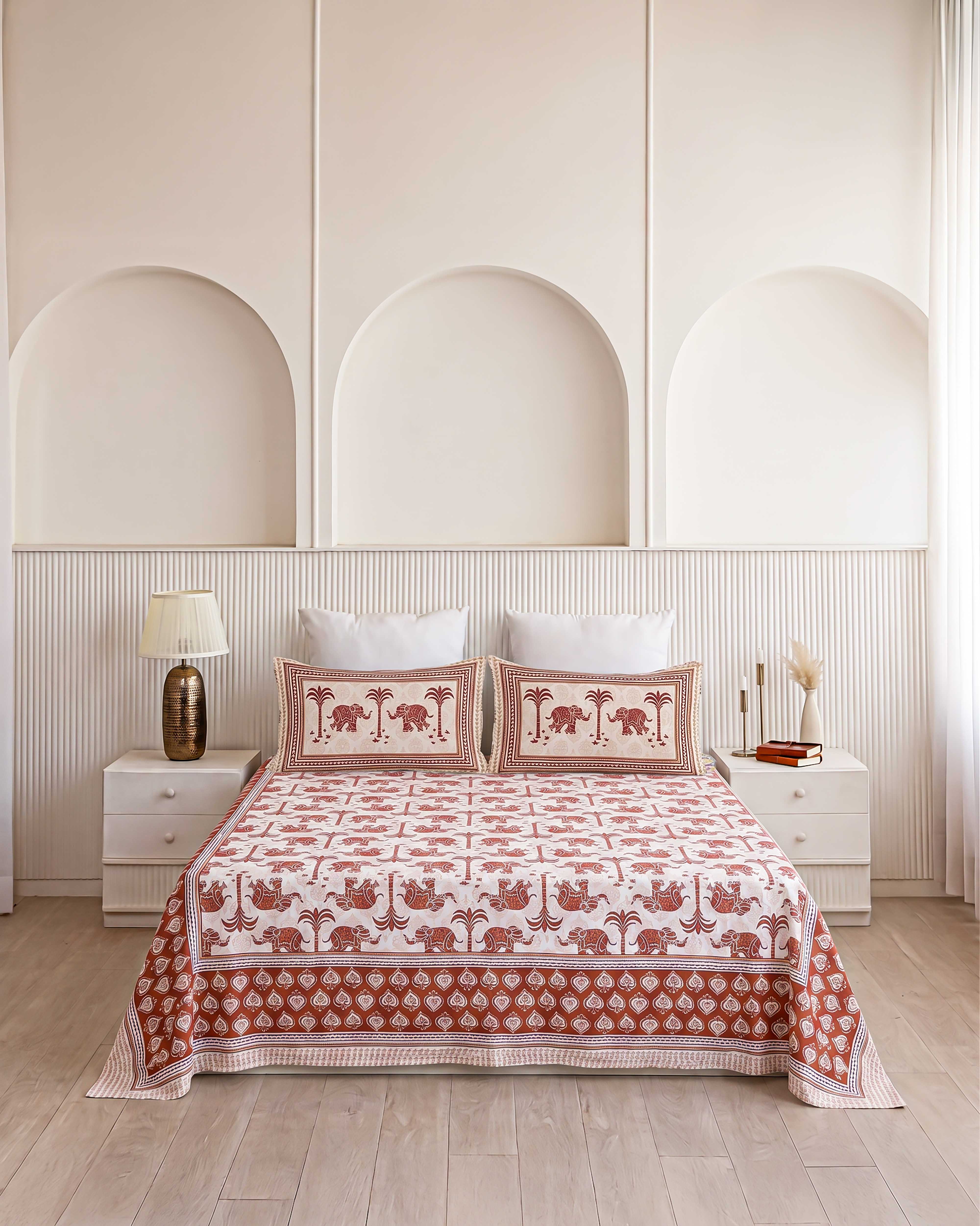 Royal Elephant Safari & Palm Hand-Block Printed Double Bedsheet