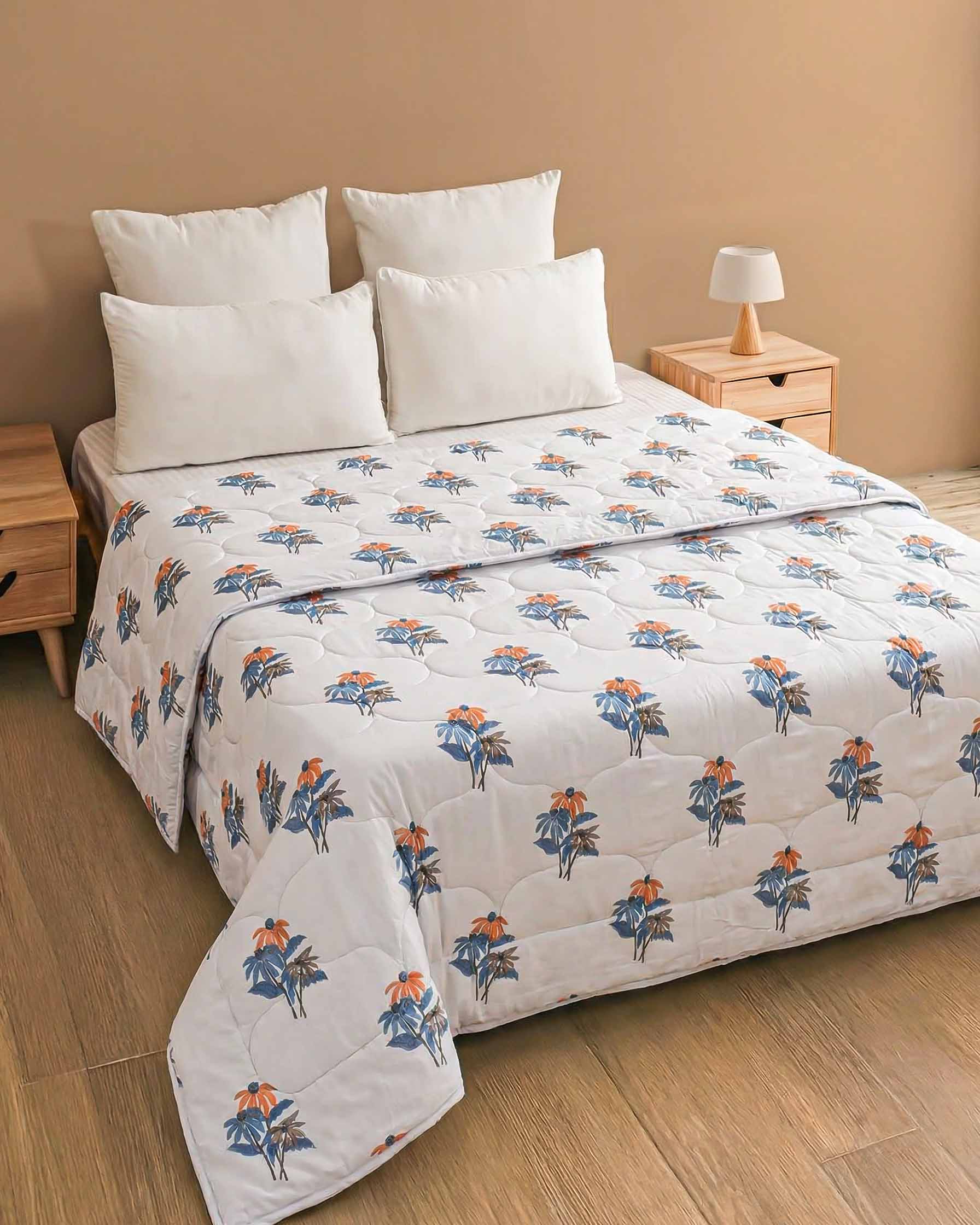 Summer Bloom Blue & Orange Pure Cotton Quilt