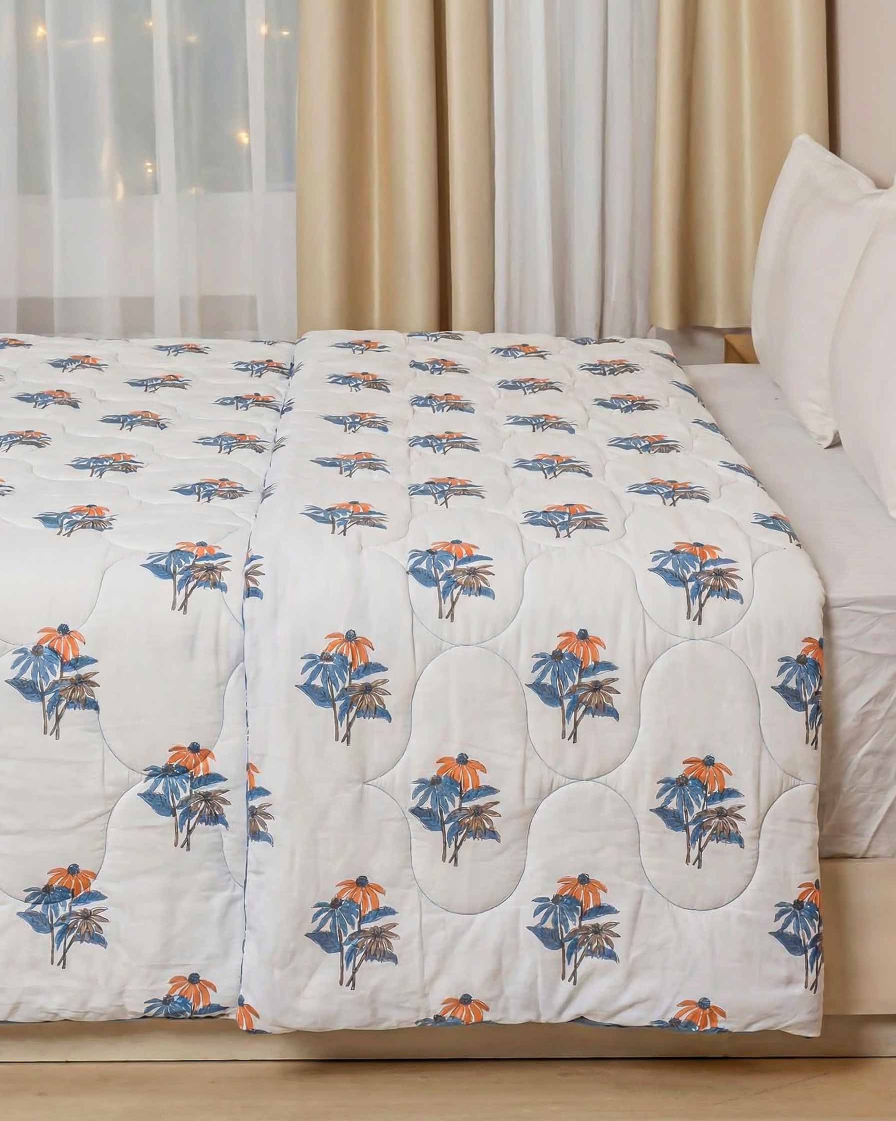 Summer Bloom Blue & Orange Pure Cotton Quilt