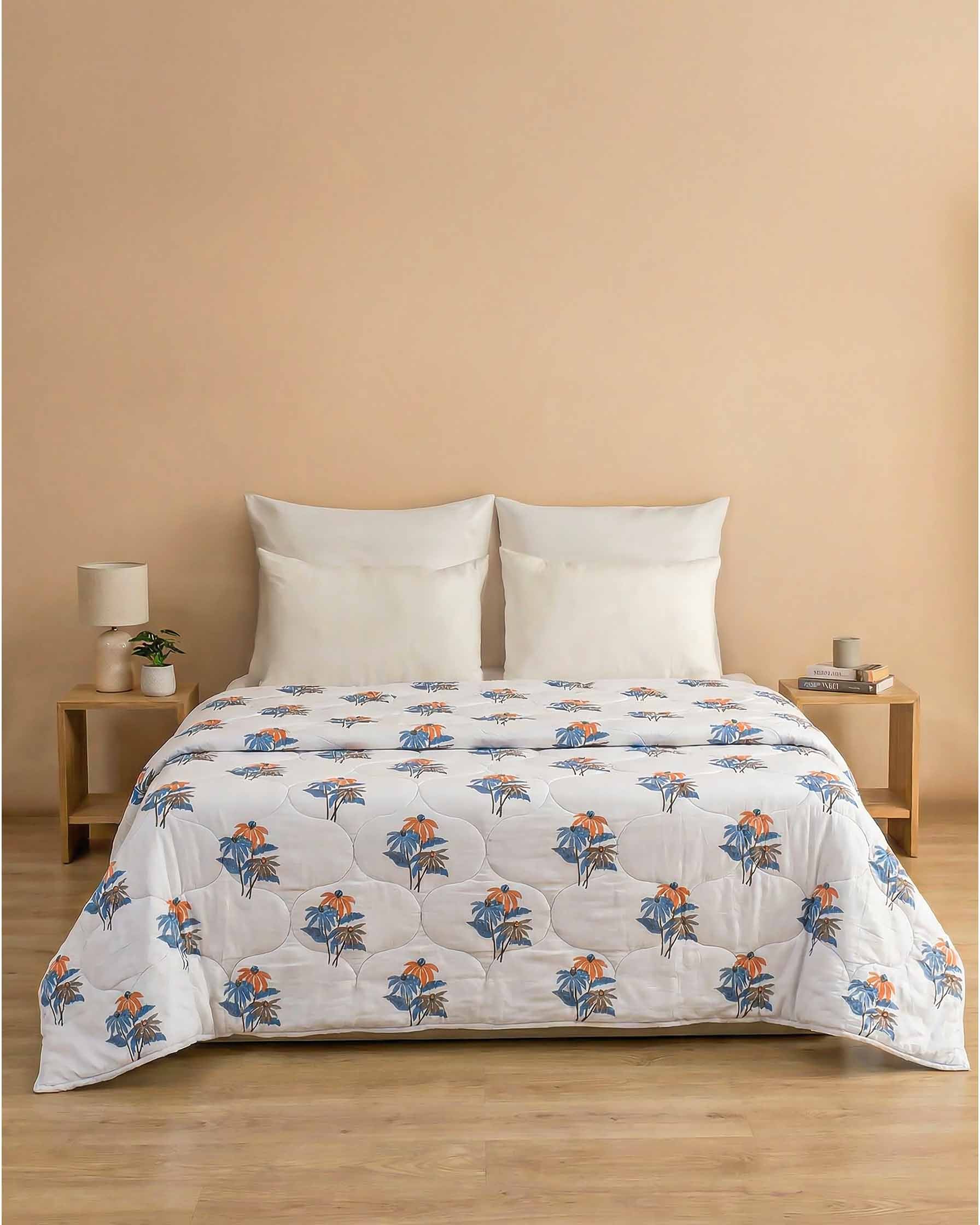 Summer Bloom Blue & Orange Pure Cotton Quilt
