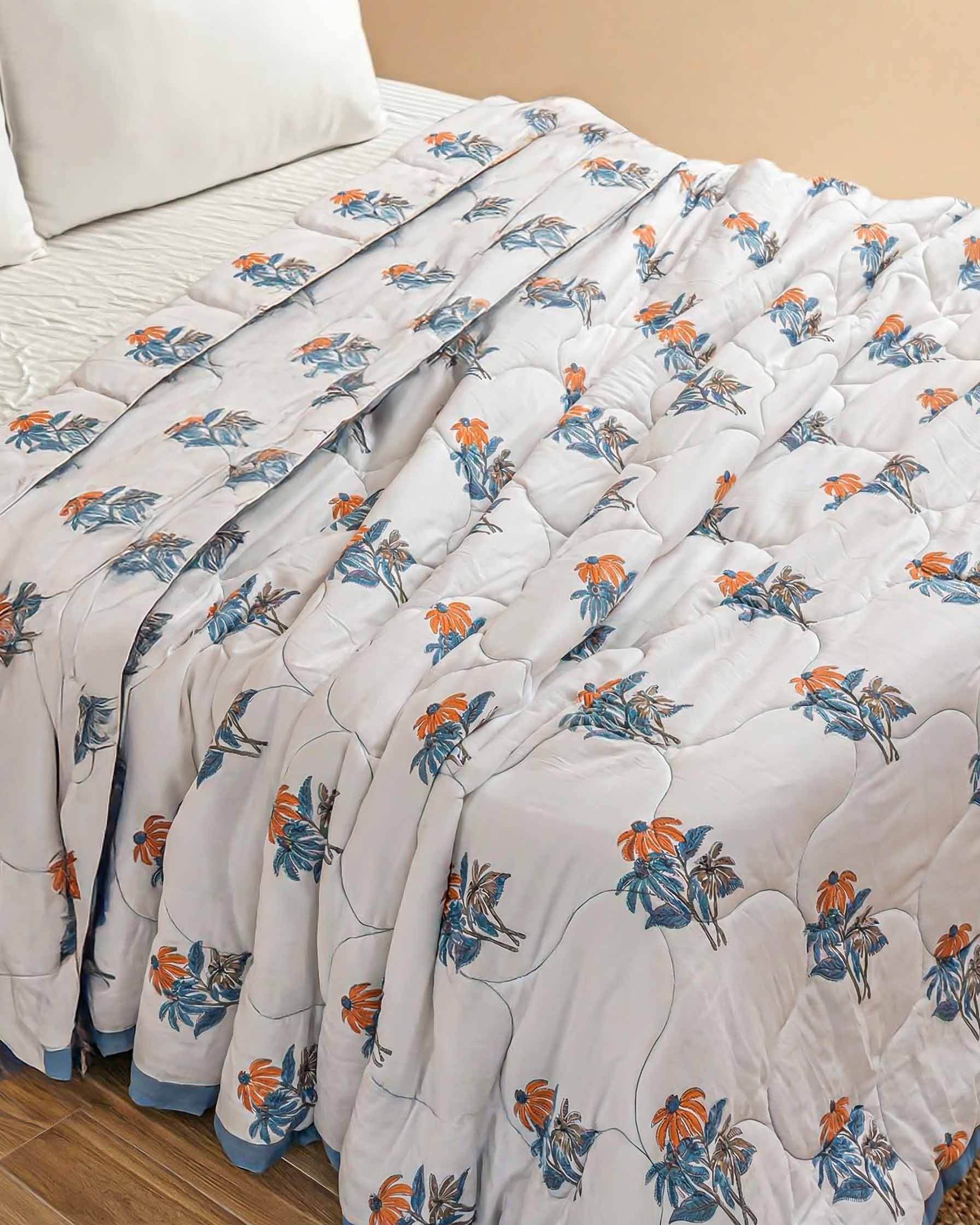 Summer Bloom Blue & Orange Pure Cotton Quilt