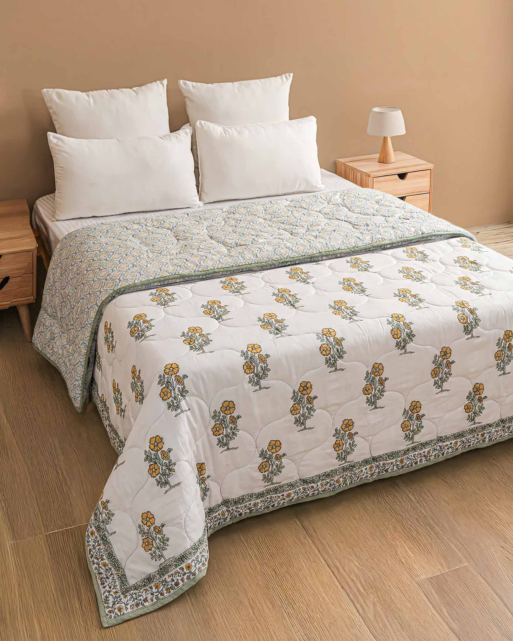 Vibrant Marigold Meadow Pure Cotton Quilt