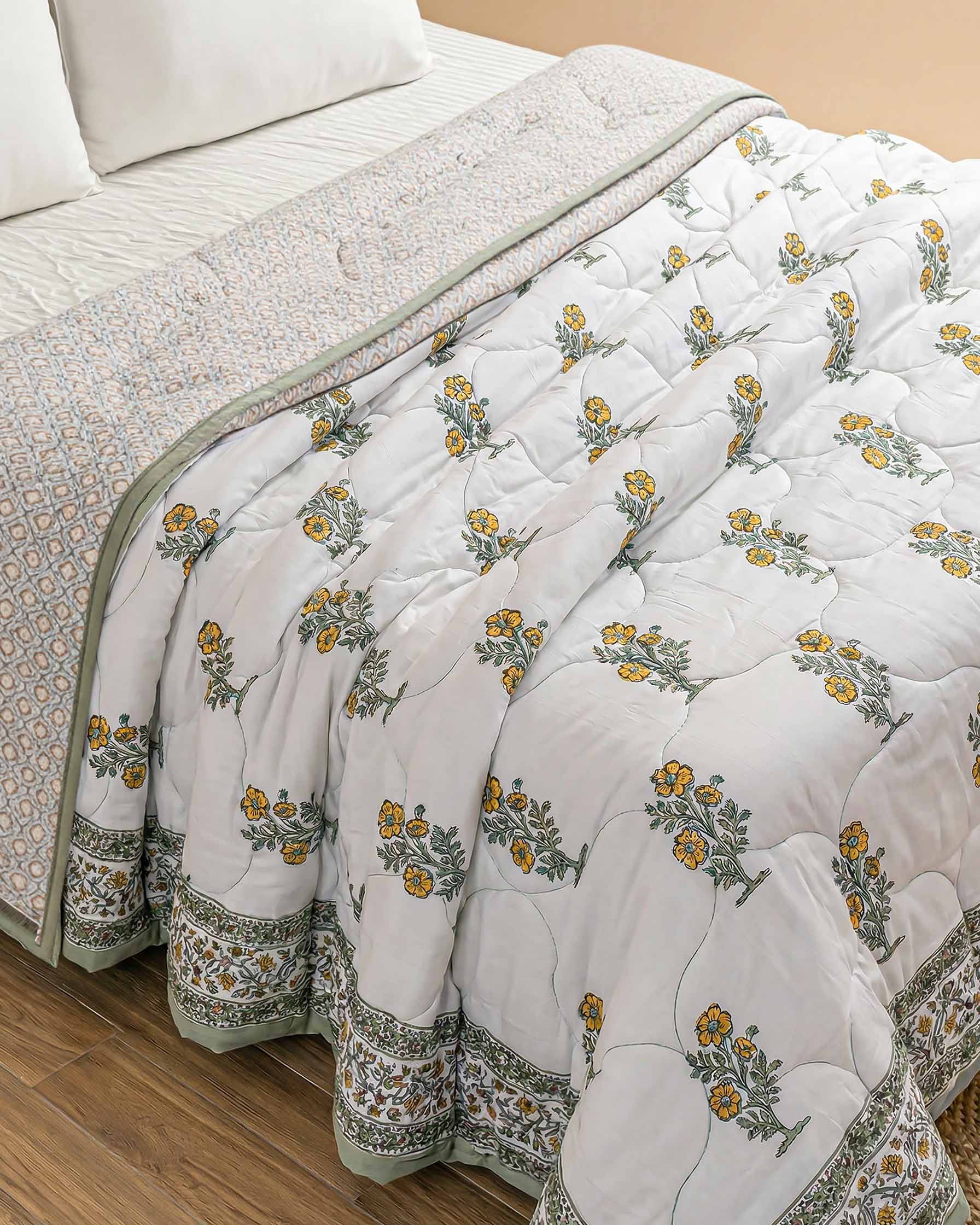 Vibrant Marigold Meadow Reversible Pure Cotton Quilt