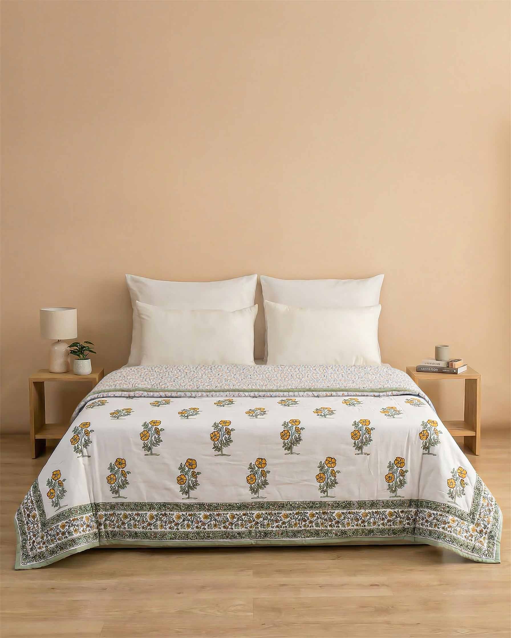 Vibrant Marigold Meadow Reversible Pure Cotton Quilt