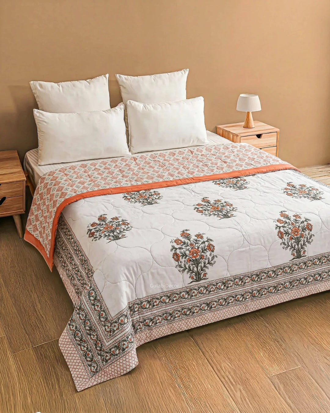 Saffron Floral Block Print Single Bed Quilt