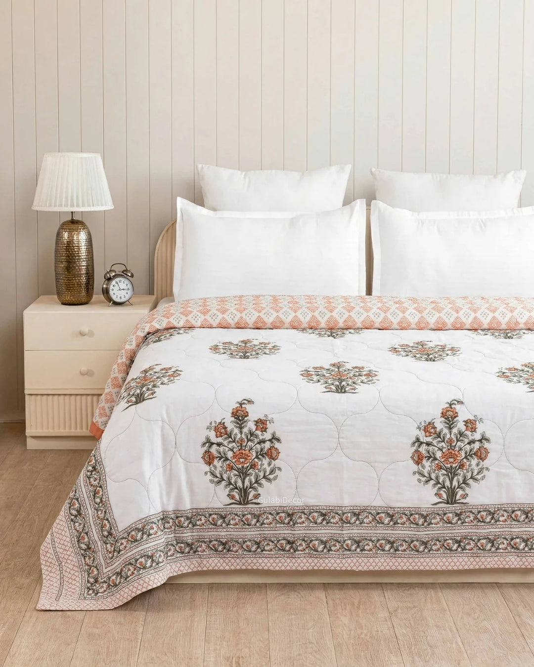 Reversible Saffron Floral Block Print Single Bed Cotton Quilt