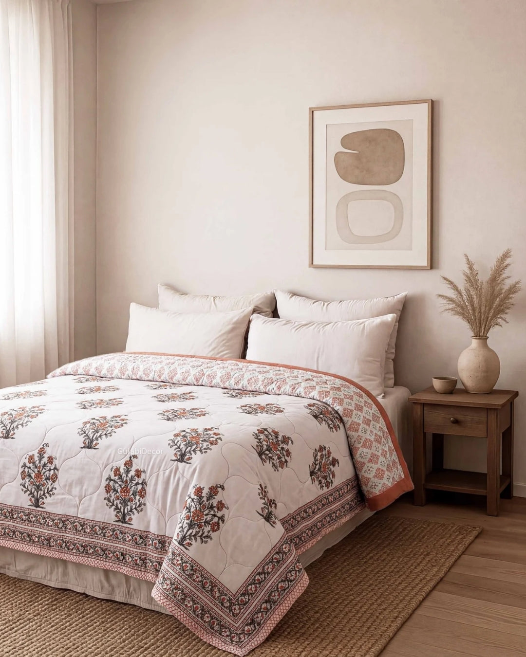 Reversible Saffron Floral Block Print Single Bed Cotton Quilt