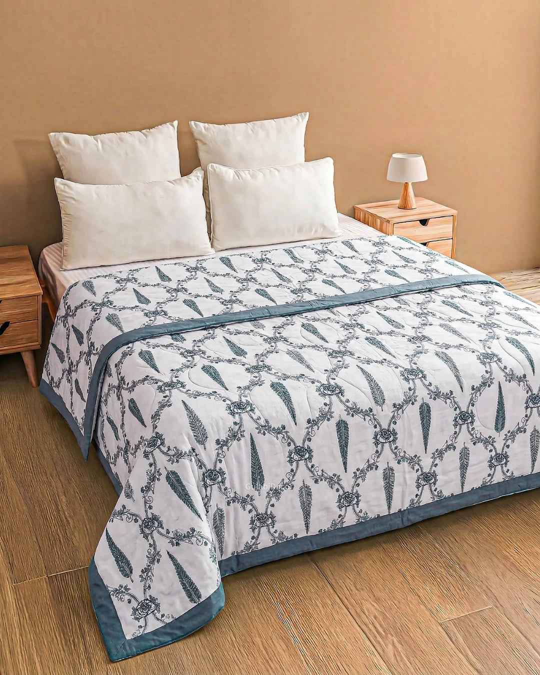 Teal Jaal Floral Single Bed Quilt