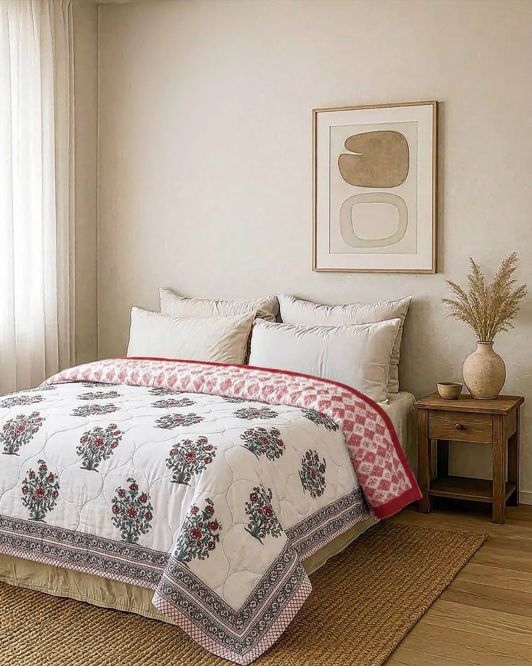 Reversible Crimson Rose-Bush Single Bed Cotton Quilt