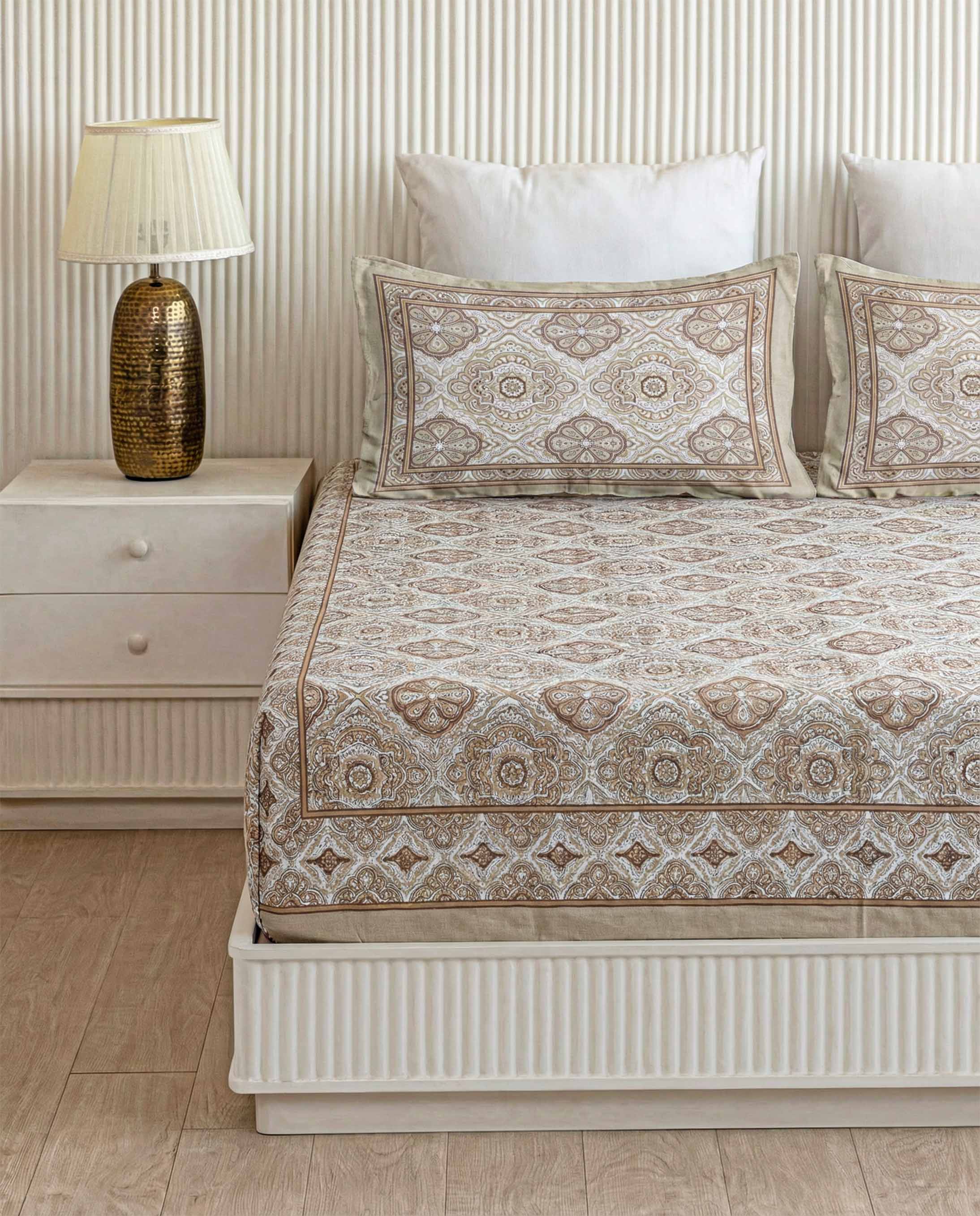 Classic Beige Floral Medallion Pure Cotton King Size Bedsheet