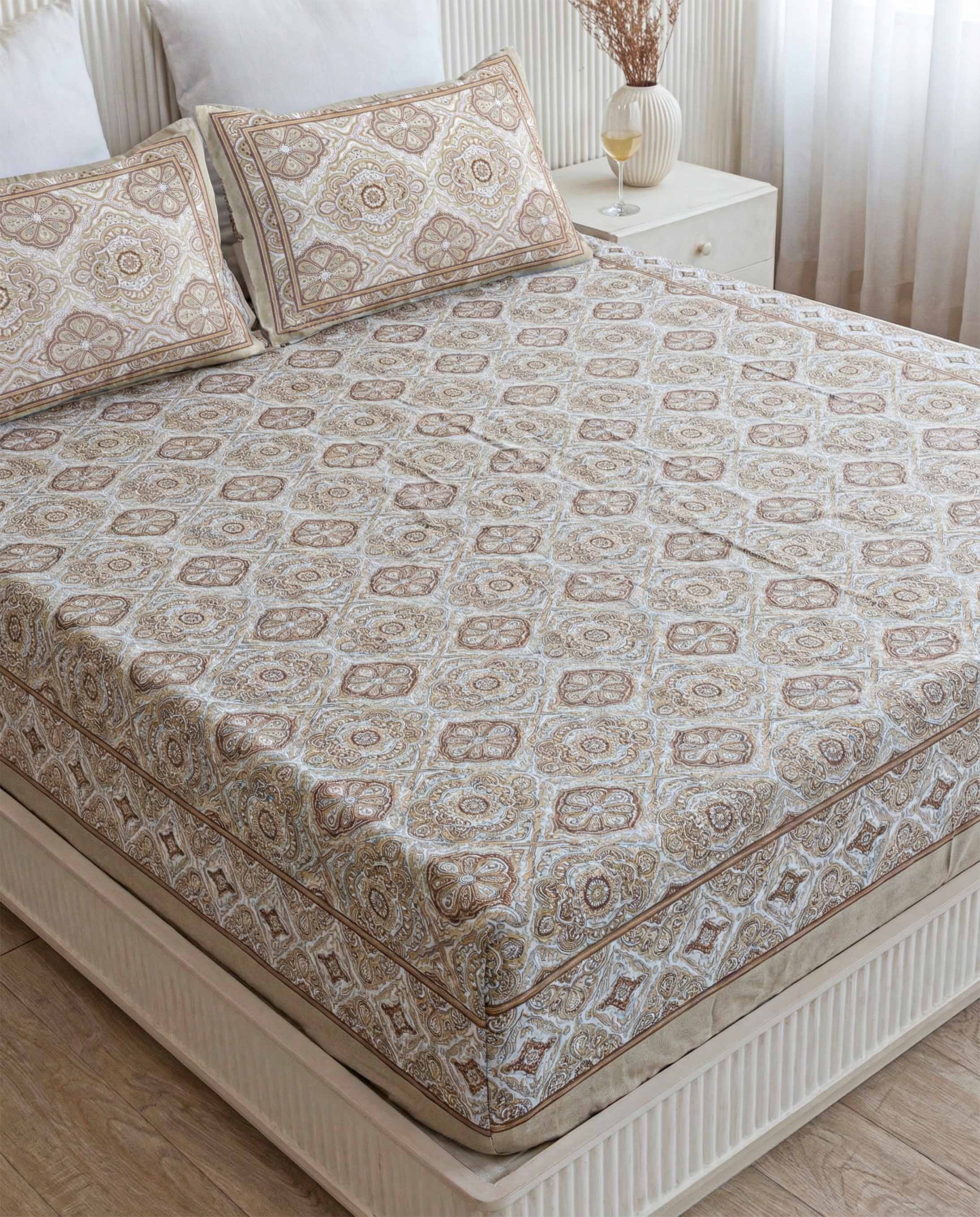 Classic Beige Floral Medallion Pure Cotton King Size Bedsheet