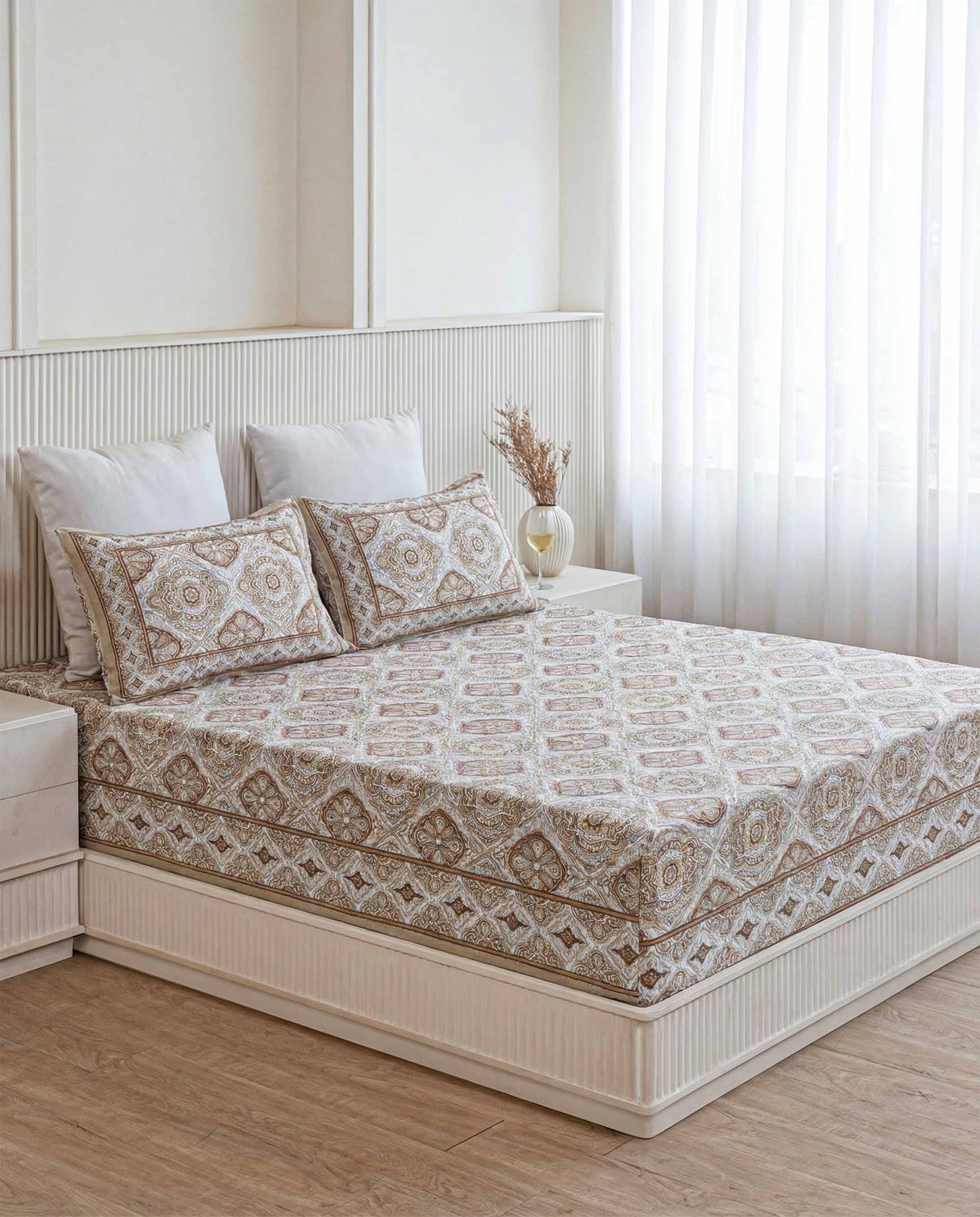 Classic Beige Floral Medallion Pure Cotton King Size Bedsheet
