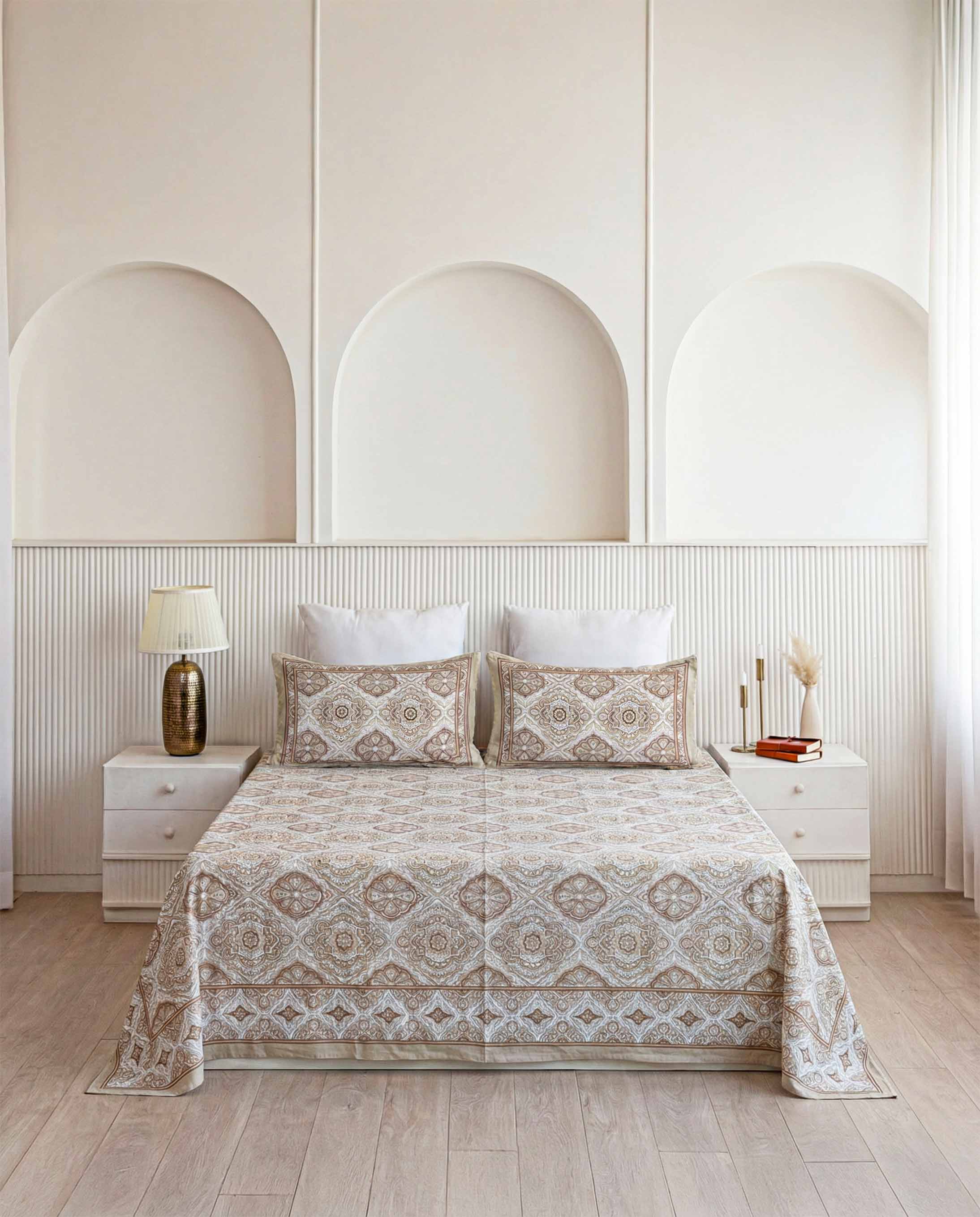 Classic Beige Floral Medallion Pure Cotton King Size Bedsheet