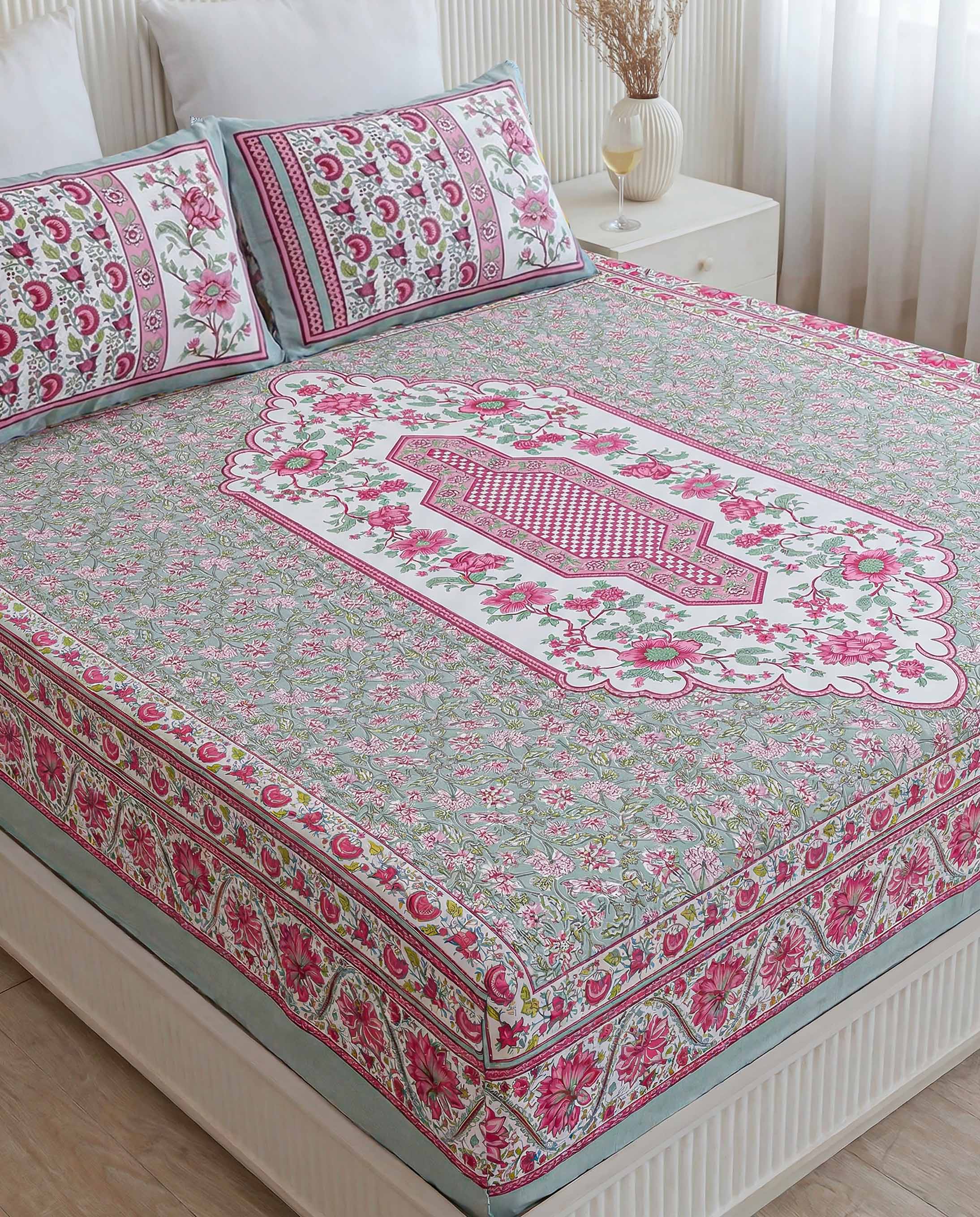 Vibrant Pink Floral Vine Pure Cotton King Size Bedsheet