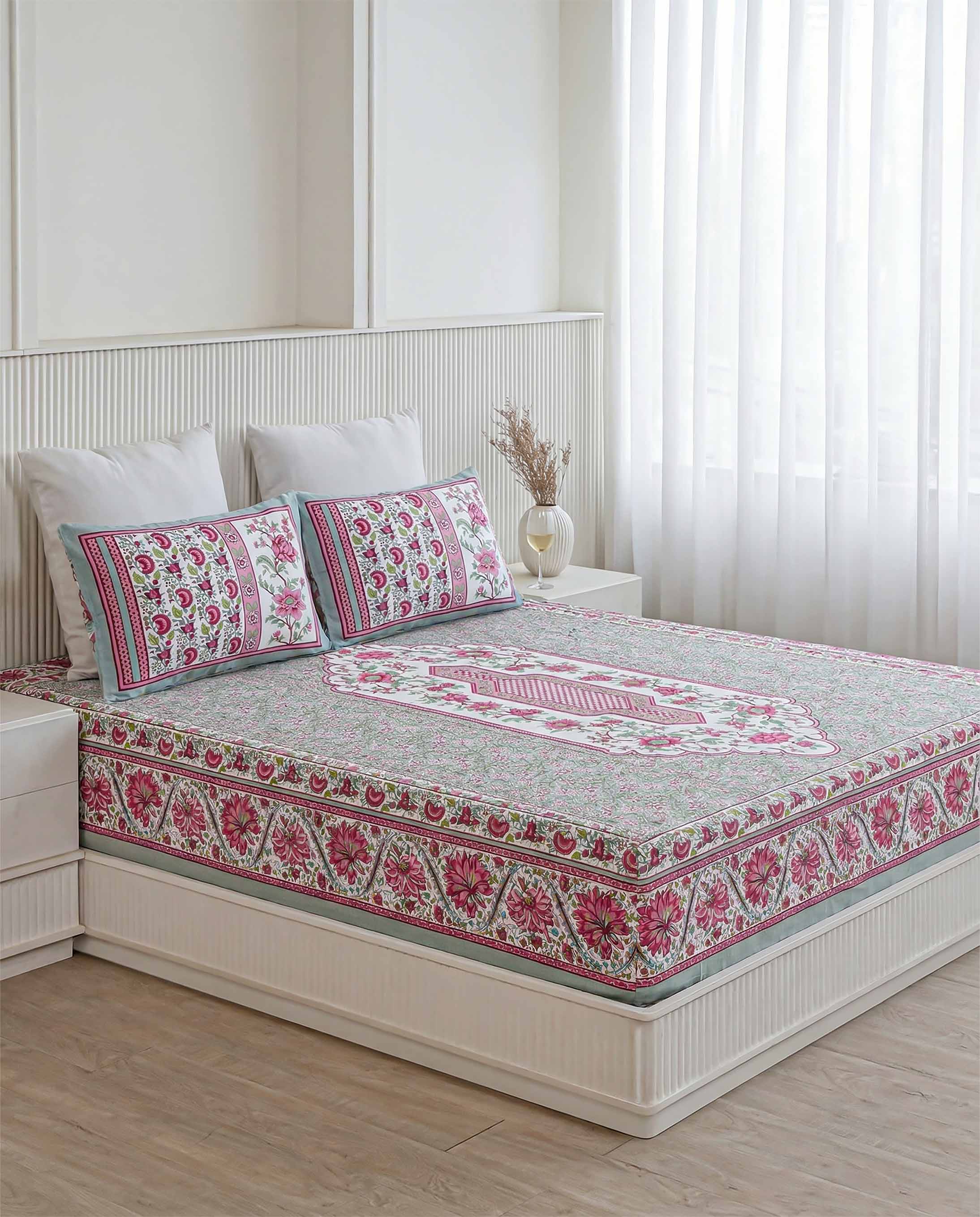 Vibrant Pink Floral Vine Pure Cotton King Size Bedsheet
