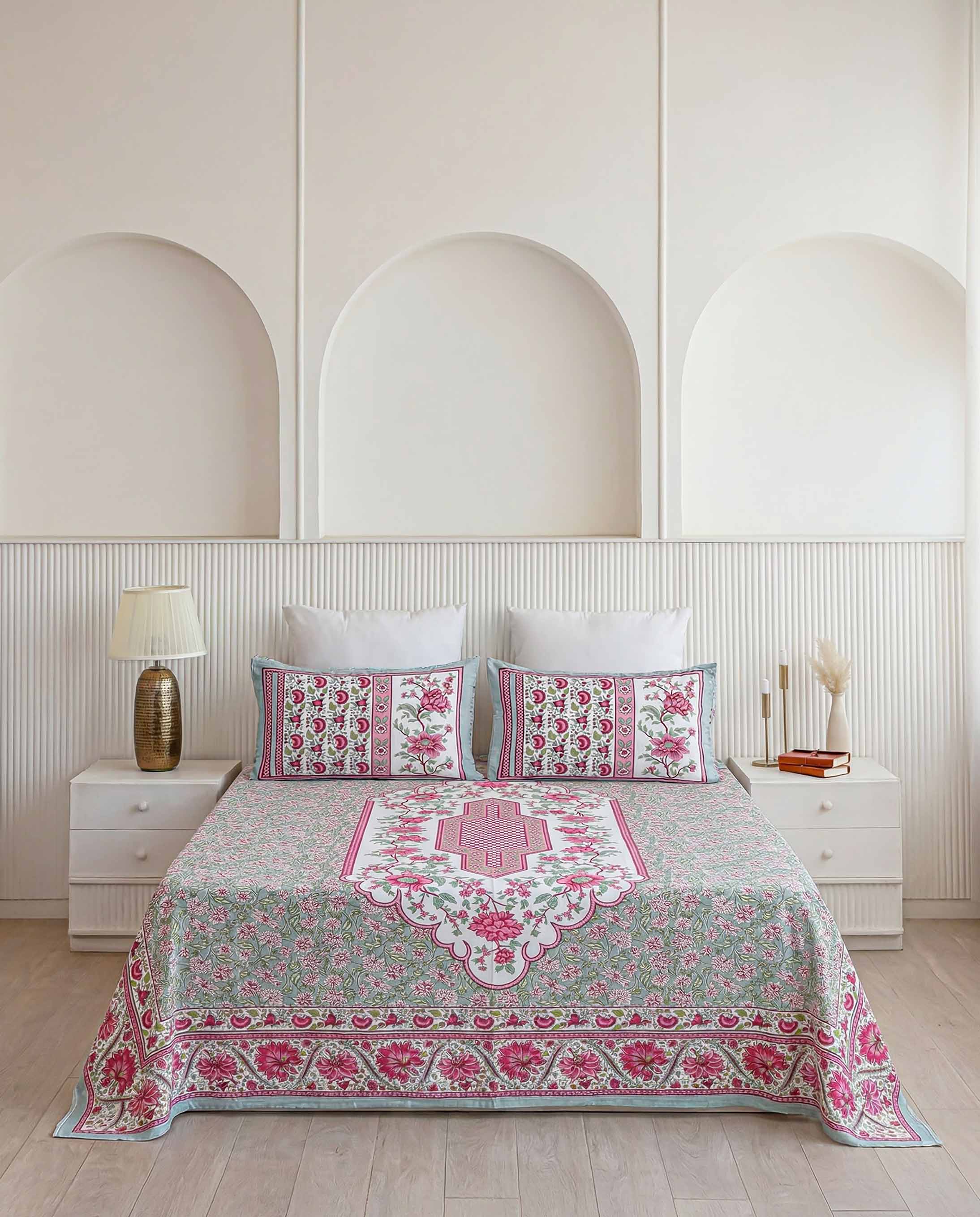 Vibrant Pink Floral Vine Pure Cotton King Size Bedsheet