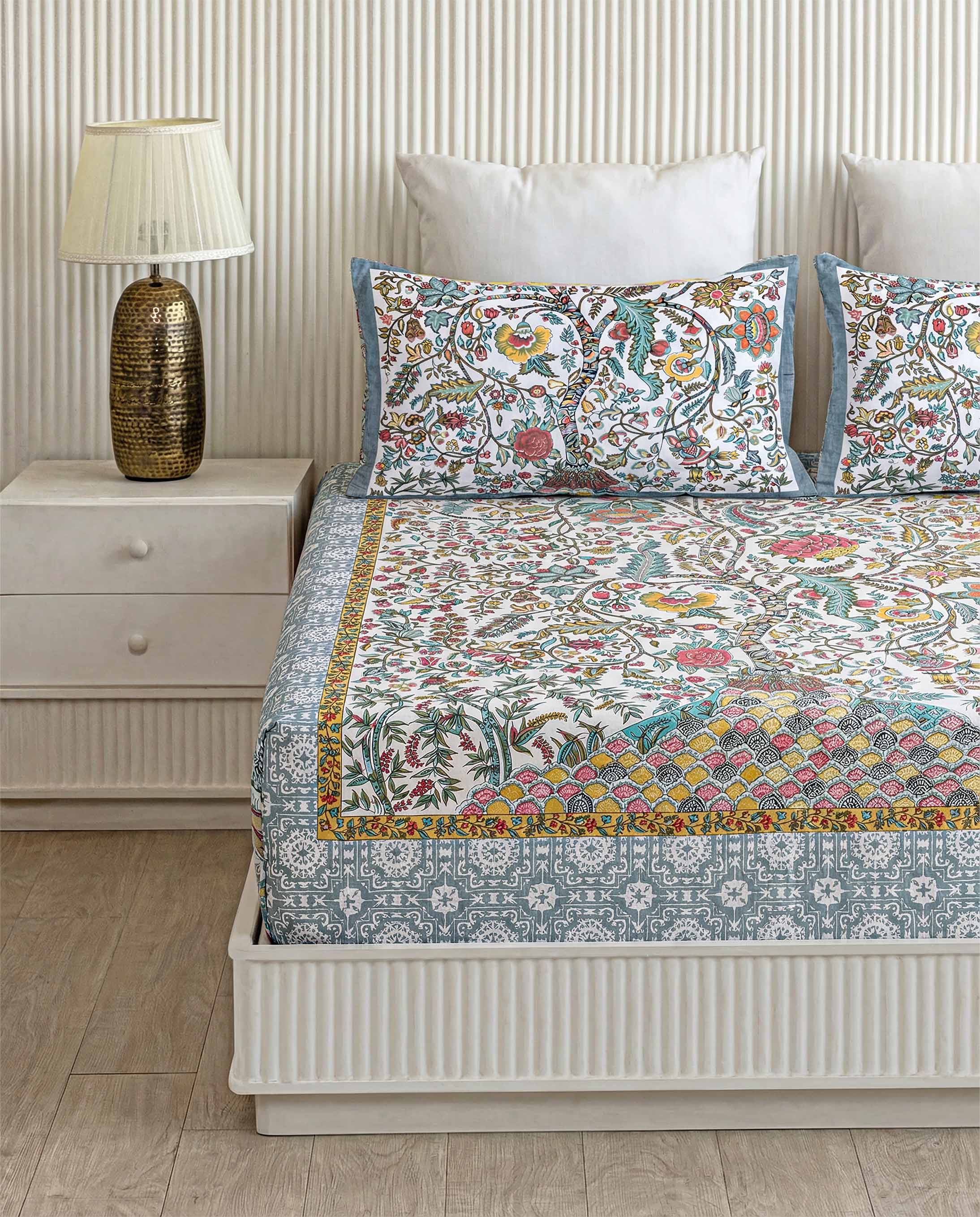 Colorful Blooming Garden Pure Cotton King Size Bedsheet