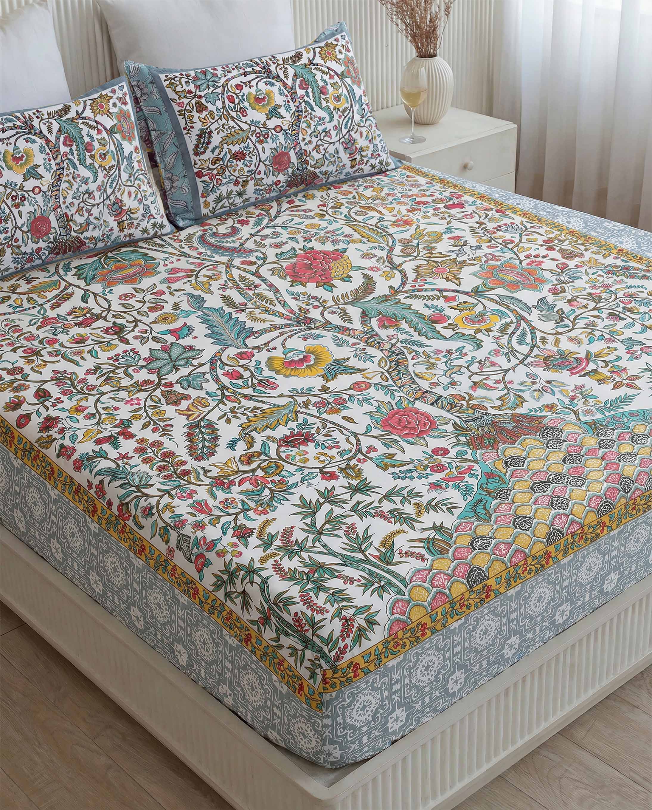 Colorful Blooming Garden Pure Cotton King Size Bedsheet