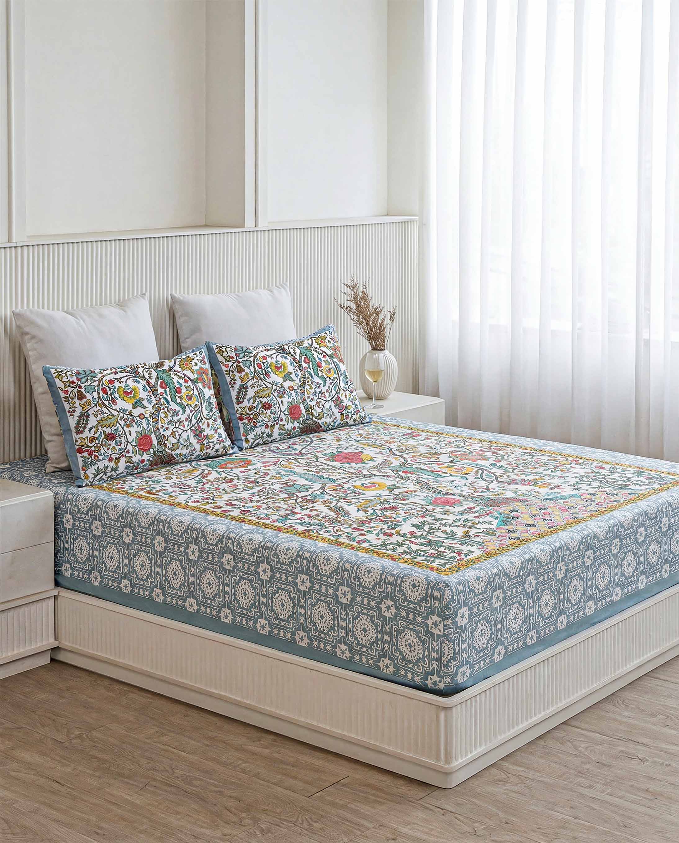 Colorful Blooming Garden Pure Cotton King Size Bedsheet