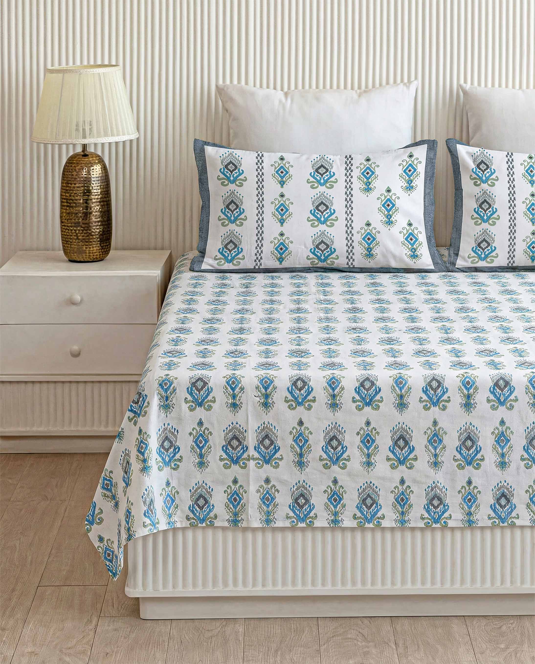 Blue & Green Ikat Teardrop Pure Cotton King Size Bedsheet