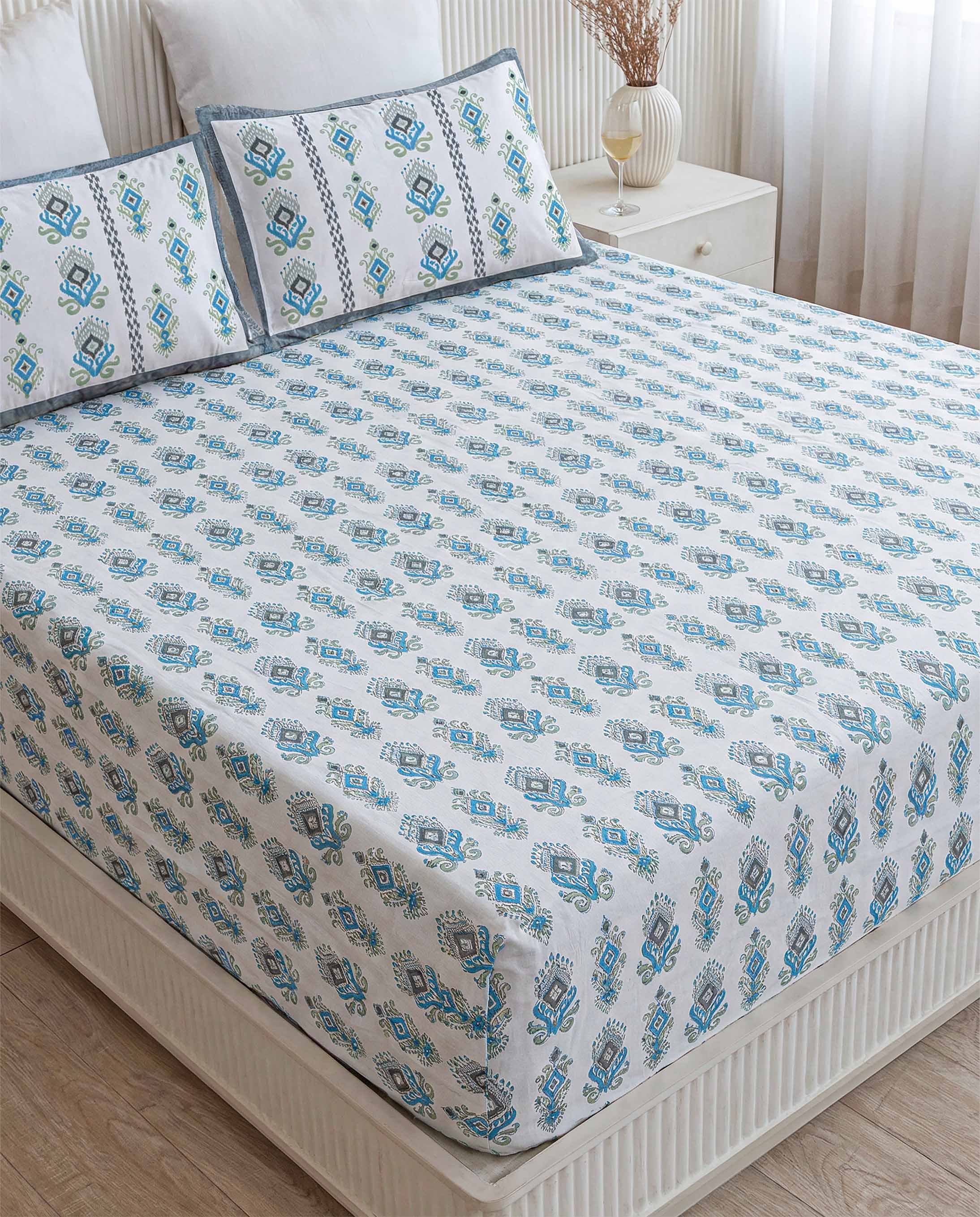 Blue & Green Ikat Teardrop Pure Cotton King Size Bedsheet