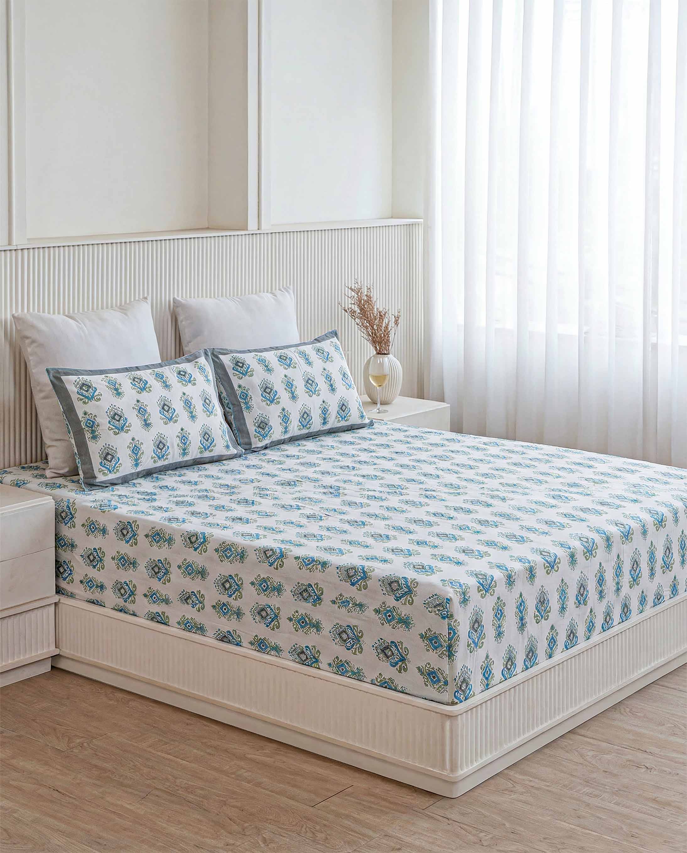 Blue & Green Ikat Teardrop Pure Cotton King Size Bedsheet