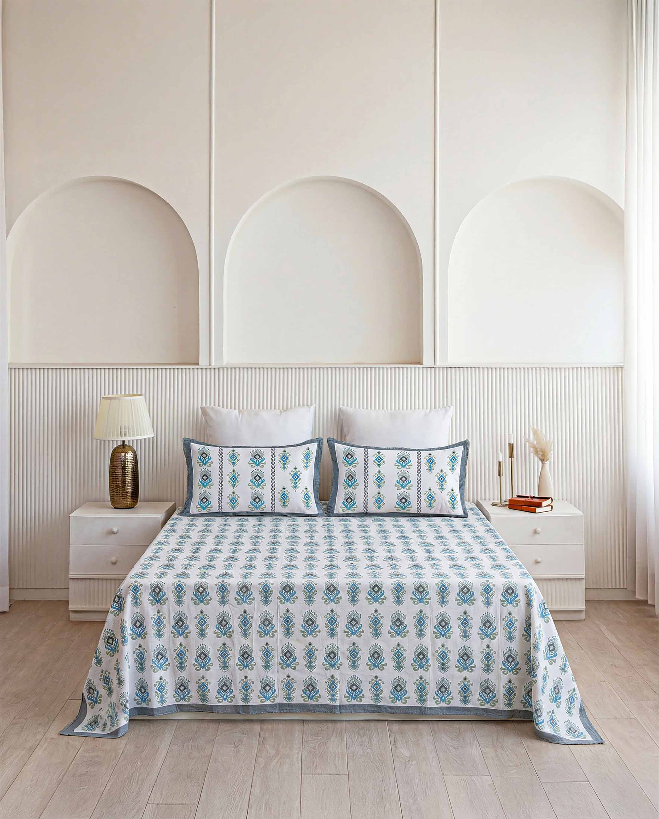 Blue & Green Ikat Teardrop Pure Cotton King Size Bedsheet