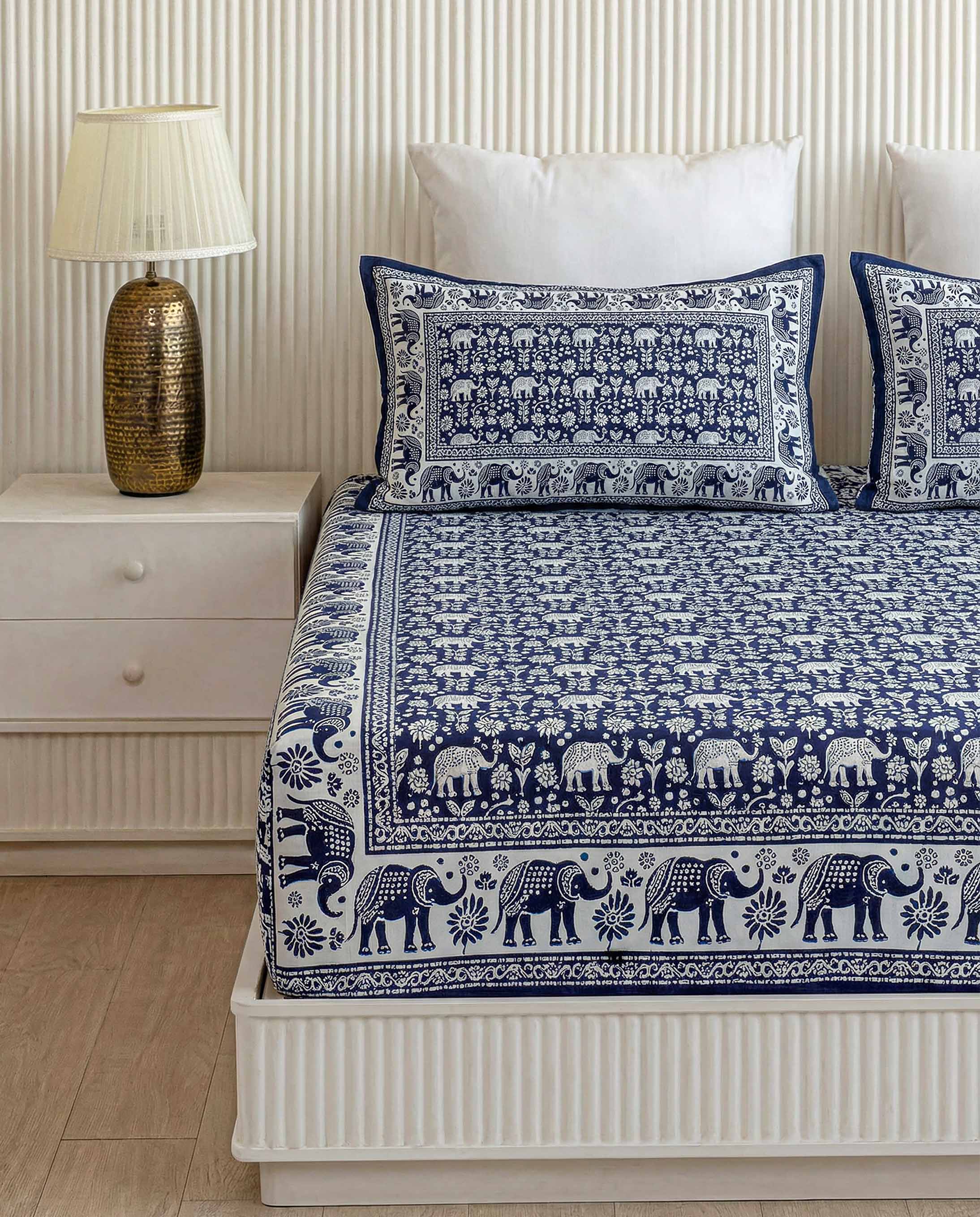 Indigo Elephant Safari Pure Cotton King Size Bedsheet