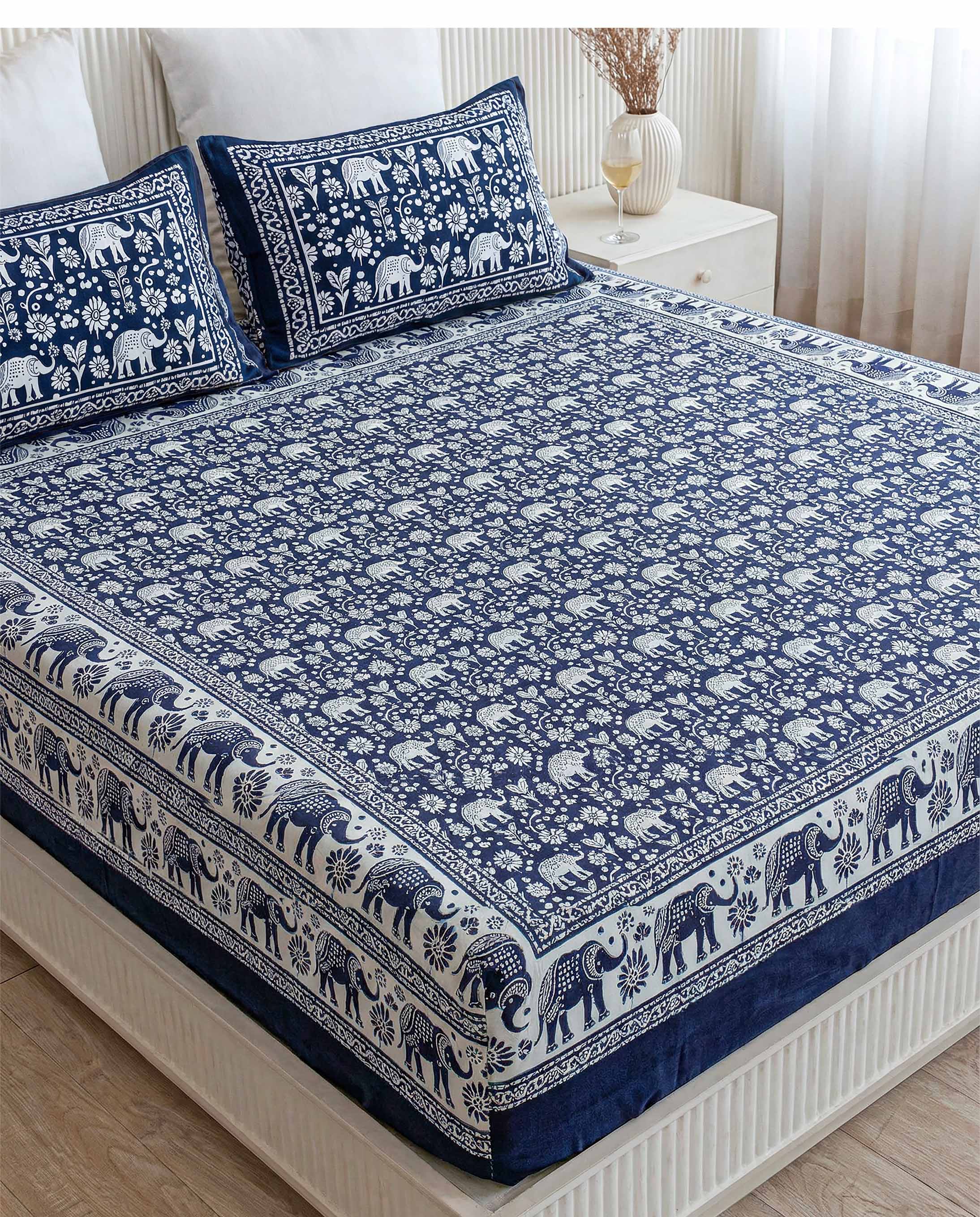 Indigo Elephant Safari Pure Cotton King Size Bedsheet