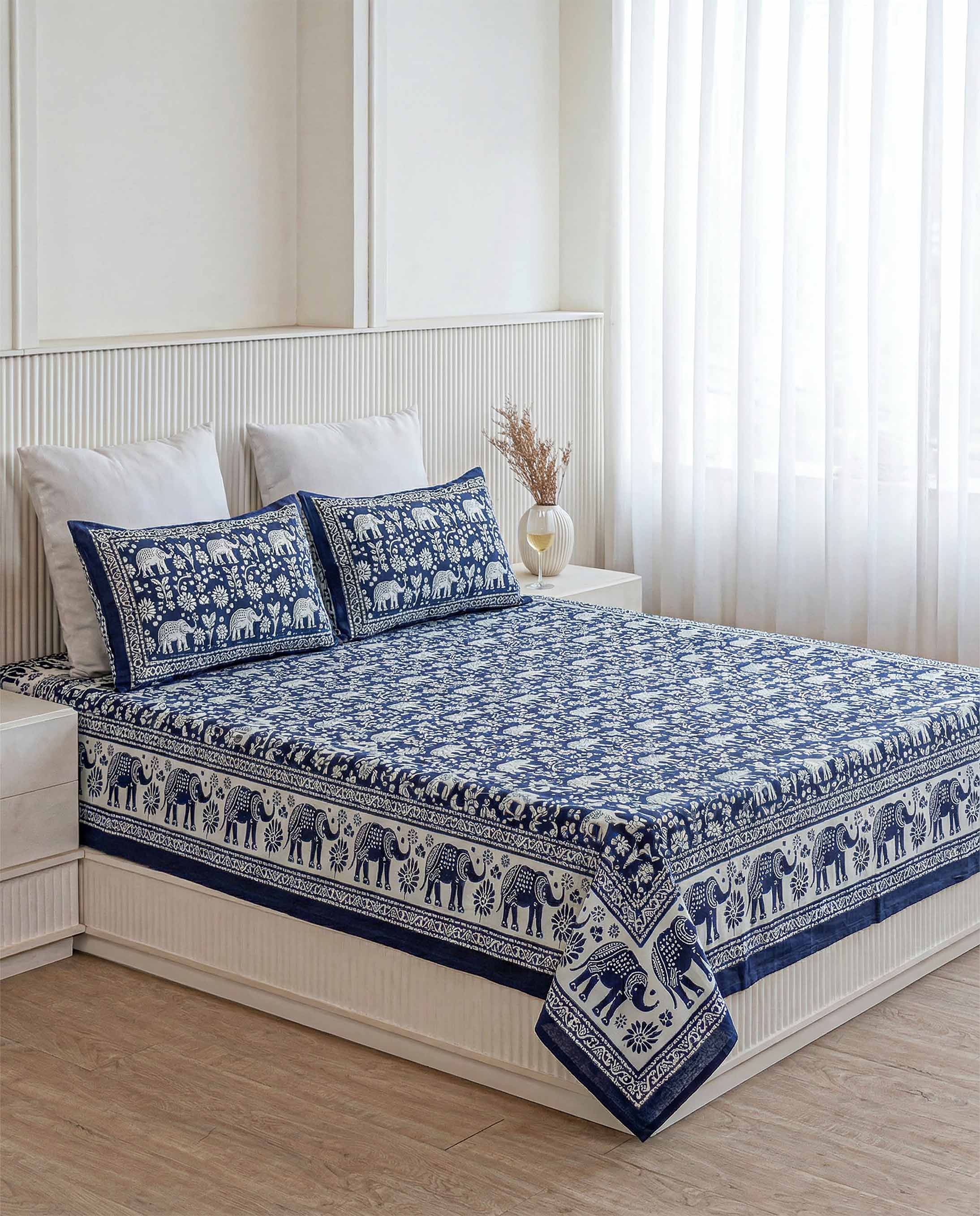 Indigo Elephant Safari Pure Cotton King Size Bedsheet