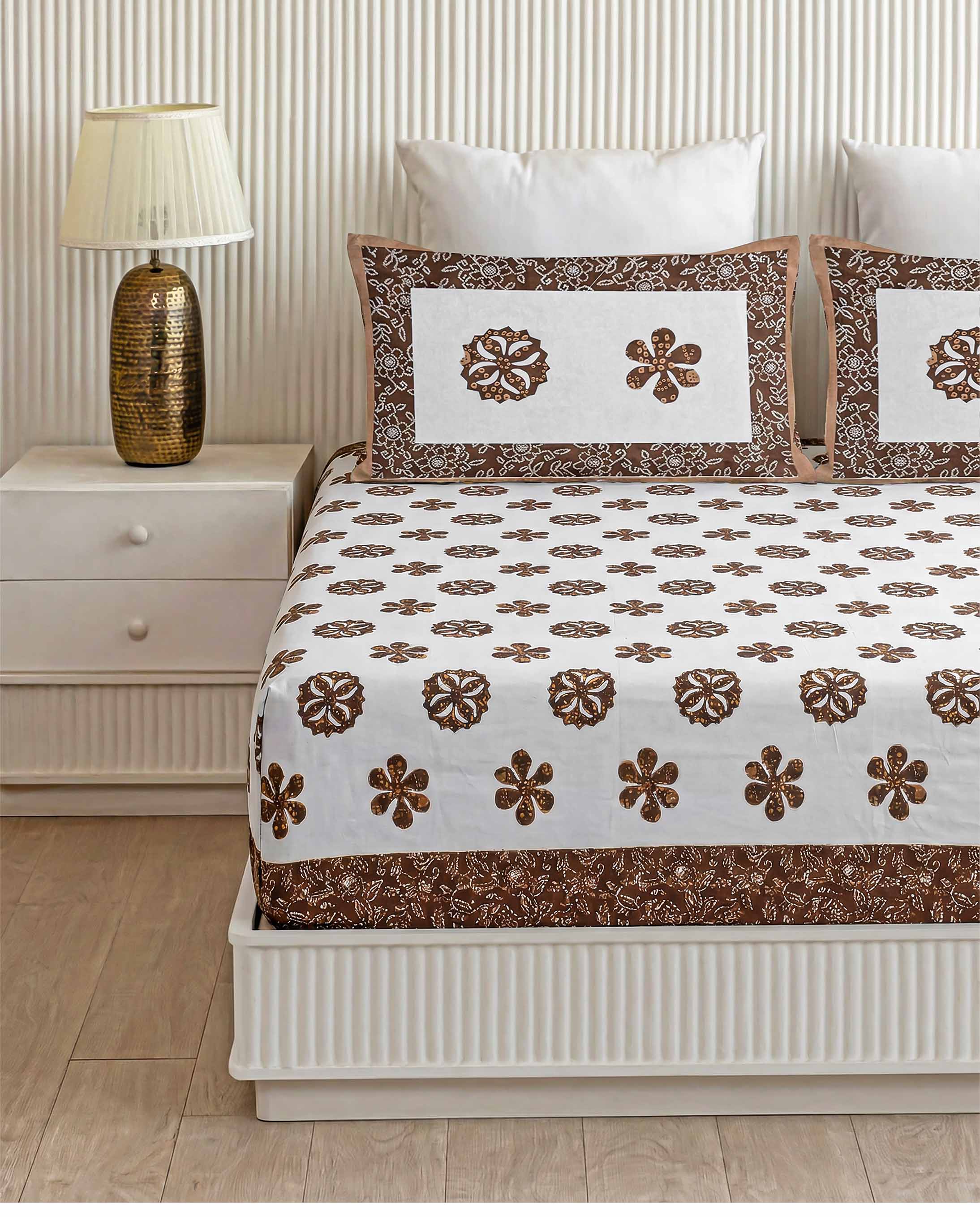 Chocolate Brown Floral Motif Pure Cotton King Size Bedsheet